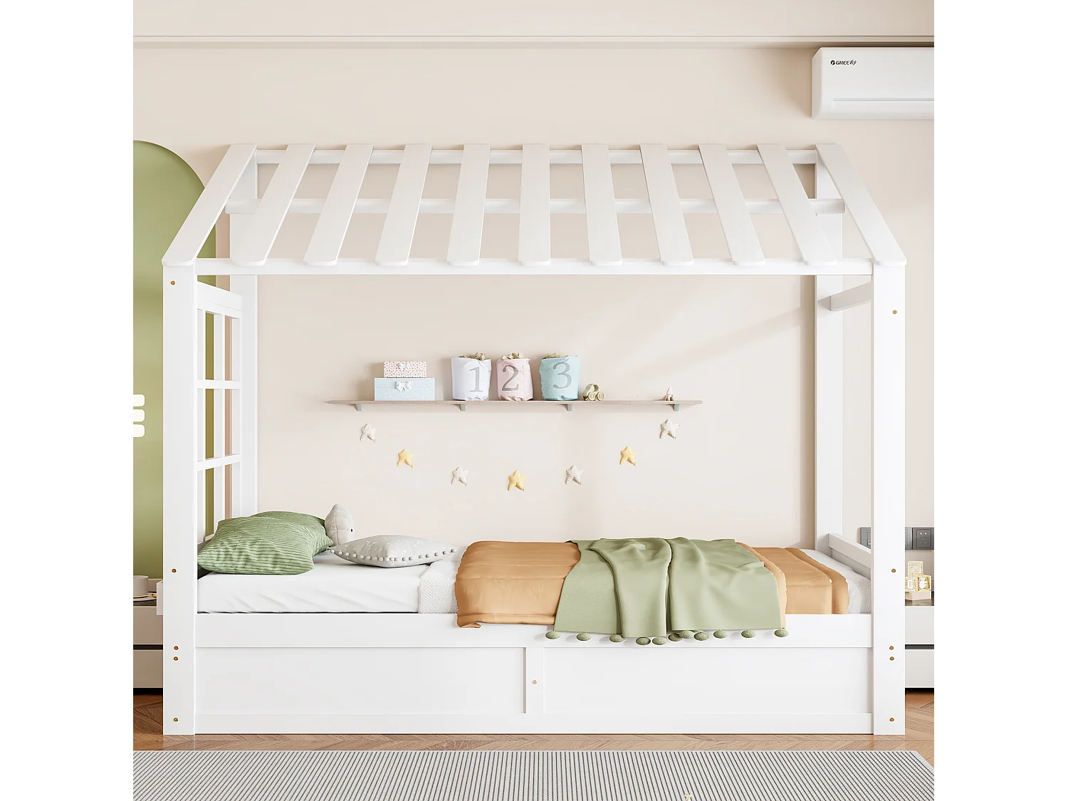 Kinderbed 90 x 200 cm met dak, ramen, hydraulisch opbergvak en zijvakken - Metaal + MDF - Wit (Matras niet inbegrepen)