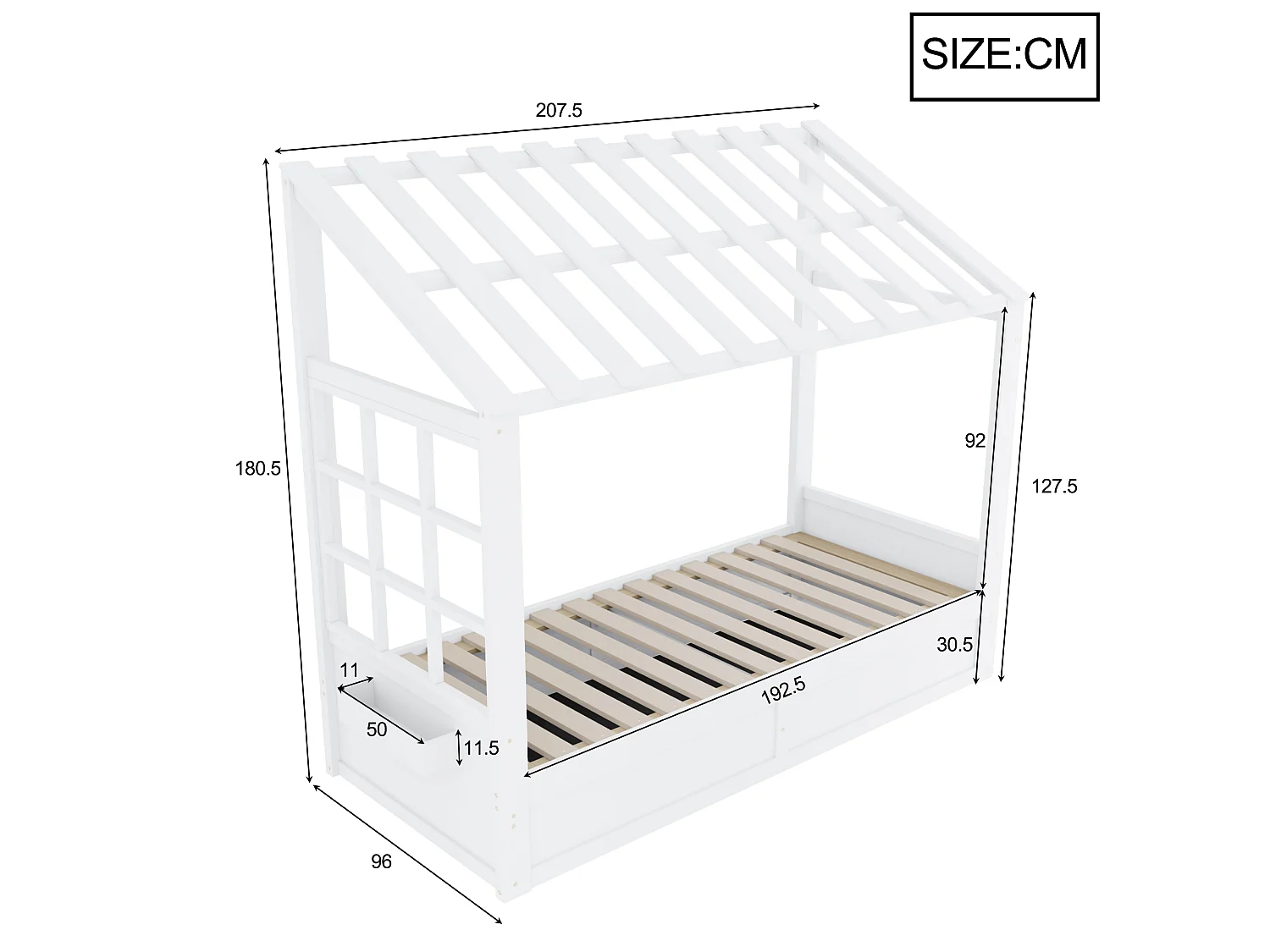 Kinderbed 90 x 200 cm met dak, ramen, hydraulisch opbergvak en zijvakken - Metaal + MDF - Wit (Matras niet inbegrepen)