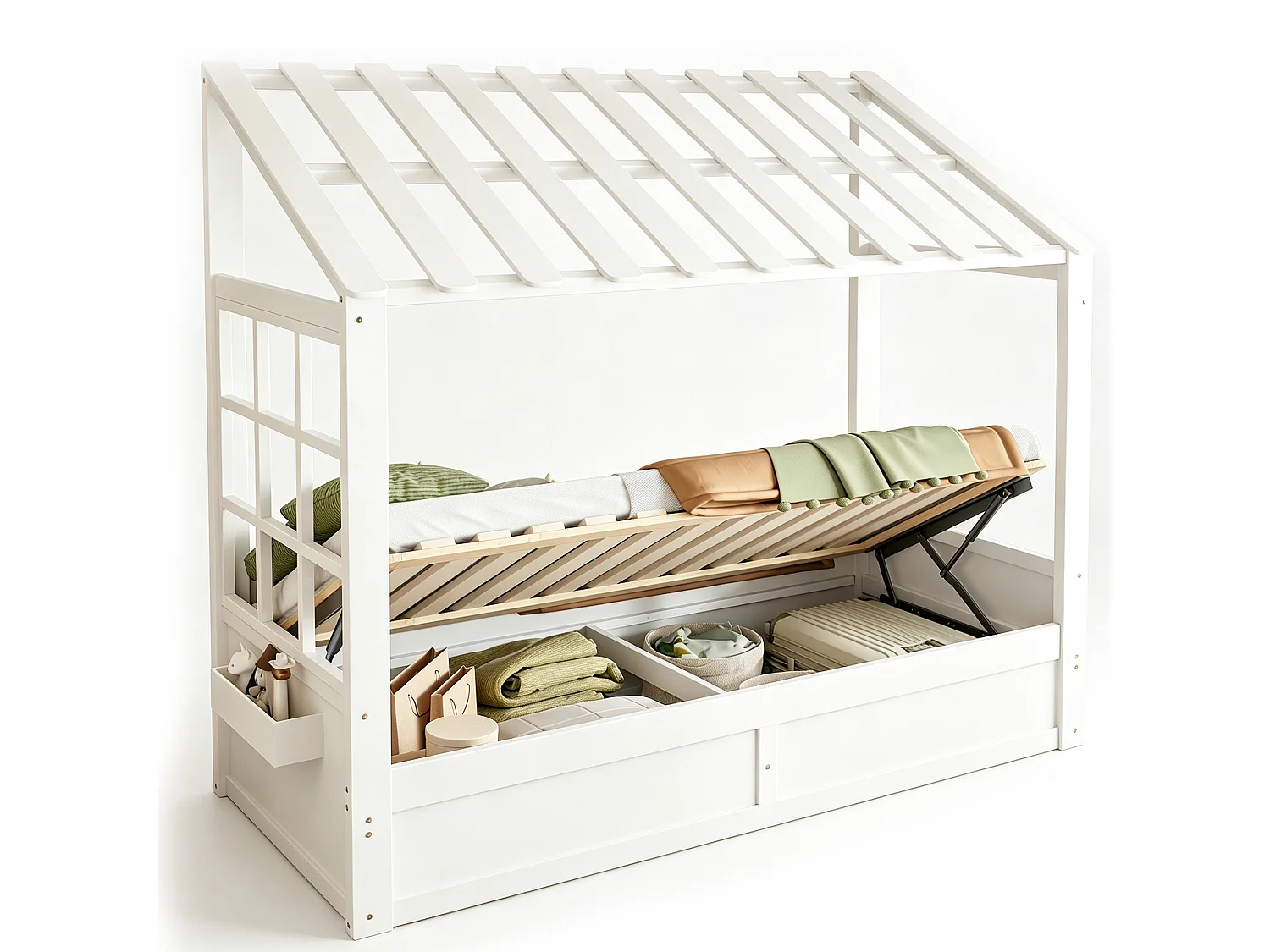 Kinderbed 90 x 200 cm met dak, ramen, hydraulisch opbergvak en zijvakken - Metaal + MDF - Wit (Matras niet inbegrepen)