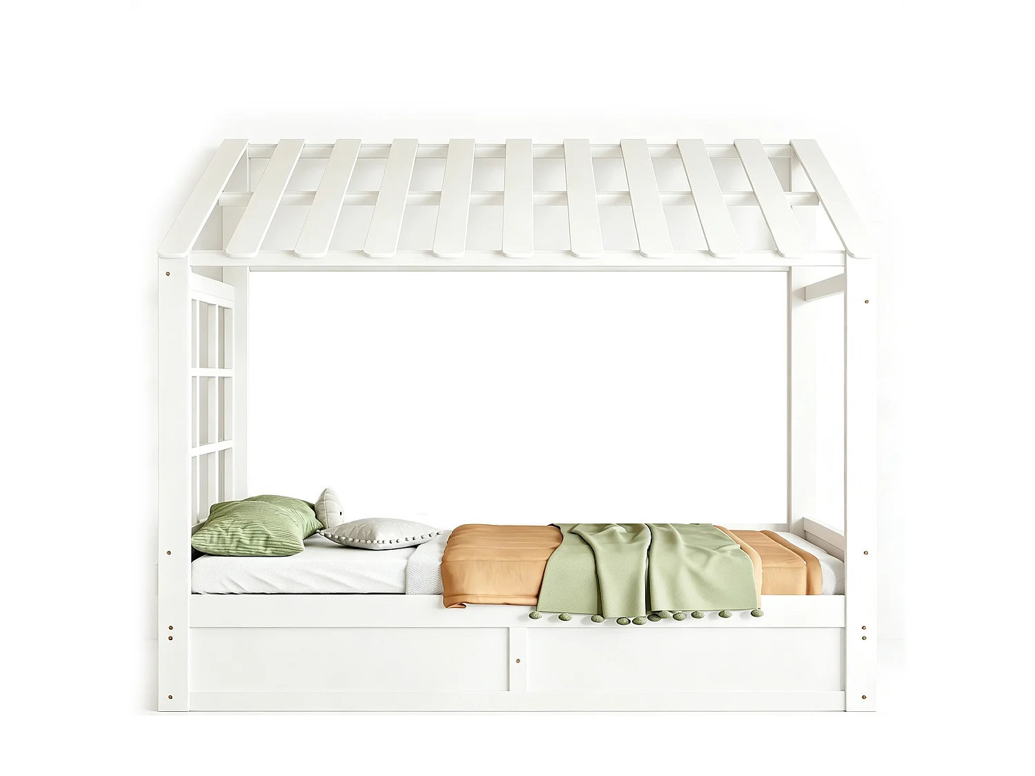 Kinderbed 90 x 200 cm met dak, ramen, hydraulisch opbergvak en zijvakken - Metaal + MDF - Wit (Matras niet inbegrepen)