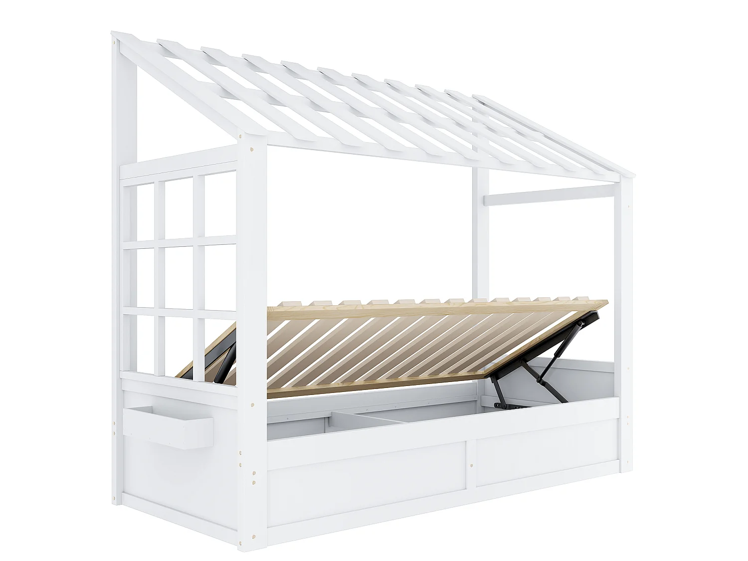 Kinderbed 90 x 200 cm met dak, ramen, hydraulisch opbergvak en zijvakken - Metaal + MDF - Wit (Matras niet inbegrepen)