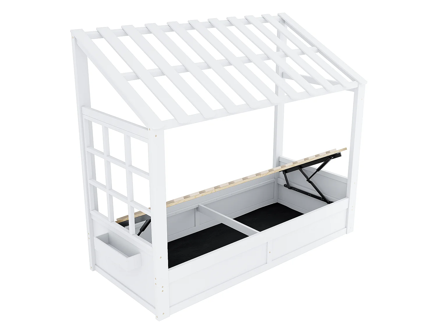 Kinderbed 90 x 200 cm met dak, ramen, hydraulisch opbergvak en zijvakken - Metaal + MDF - Wit (Matras niet inbegrepen)