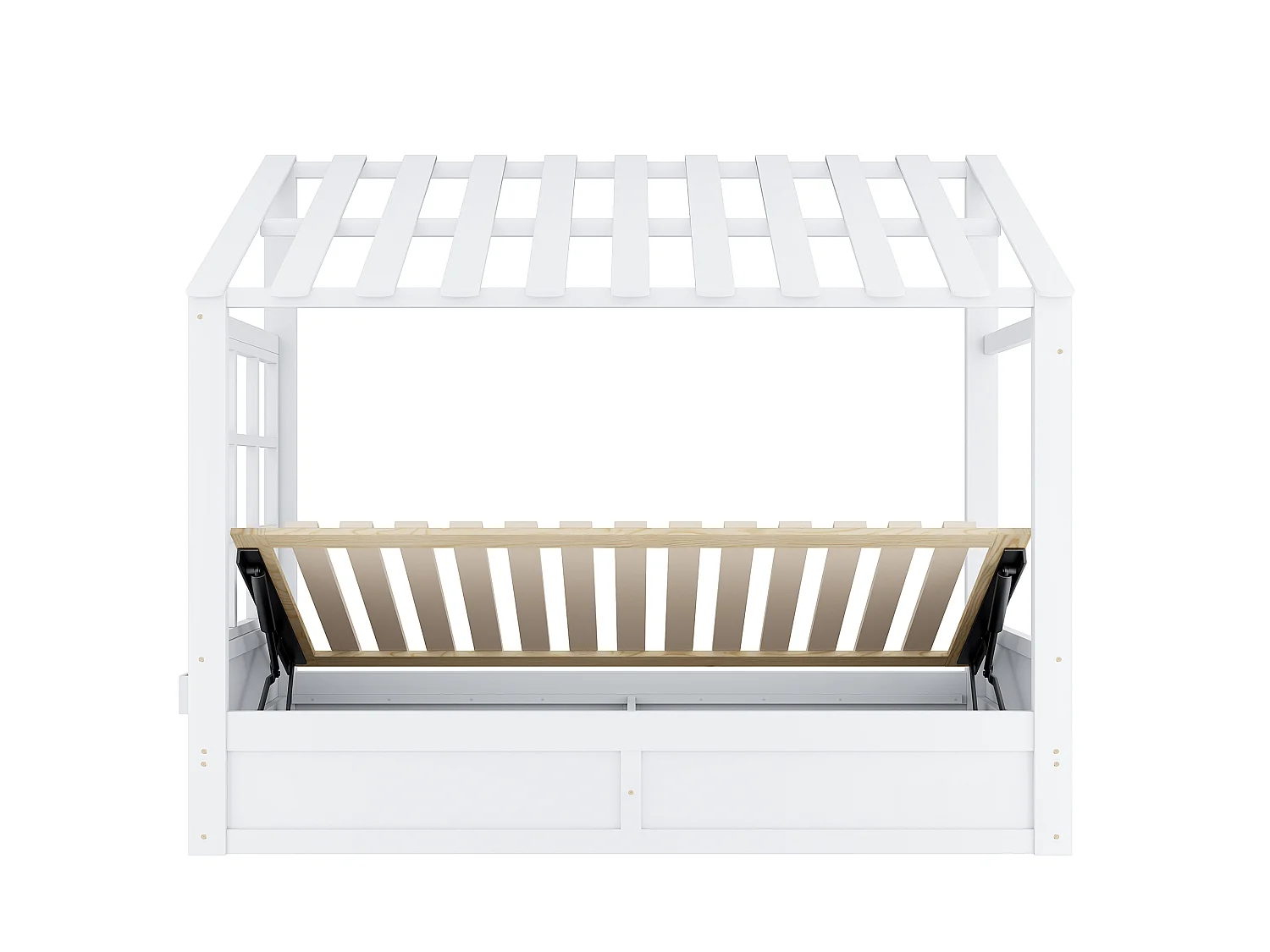 Kinderbed 90 x 200 cm met dak, ramen, hydraulisch opbergvak en zijvakken - Metaal + MDF - Wit (Matras niet inbegrepen)