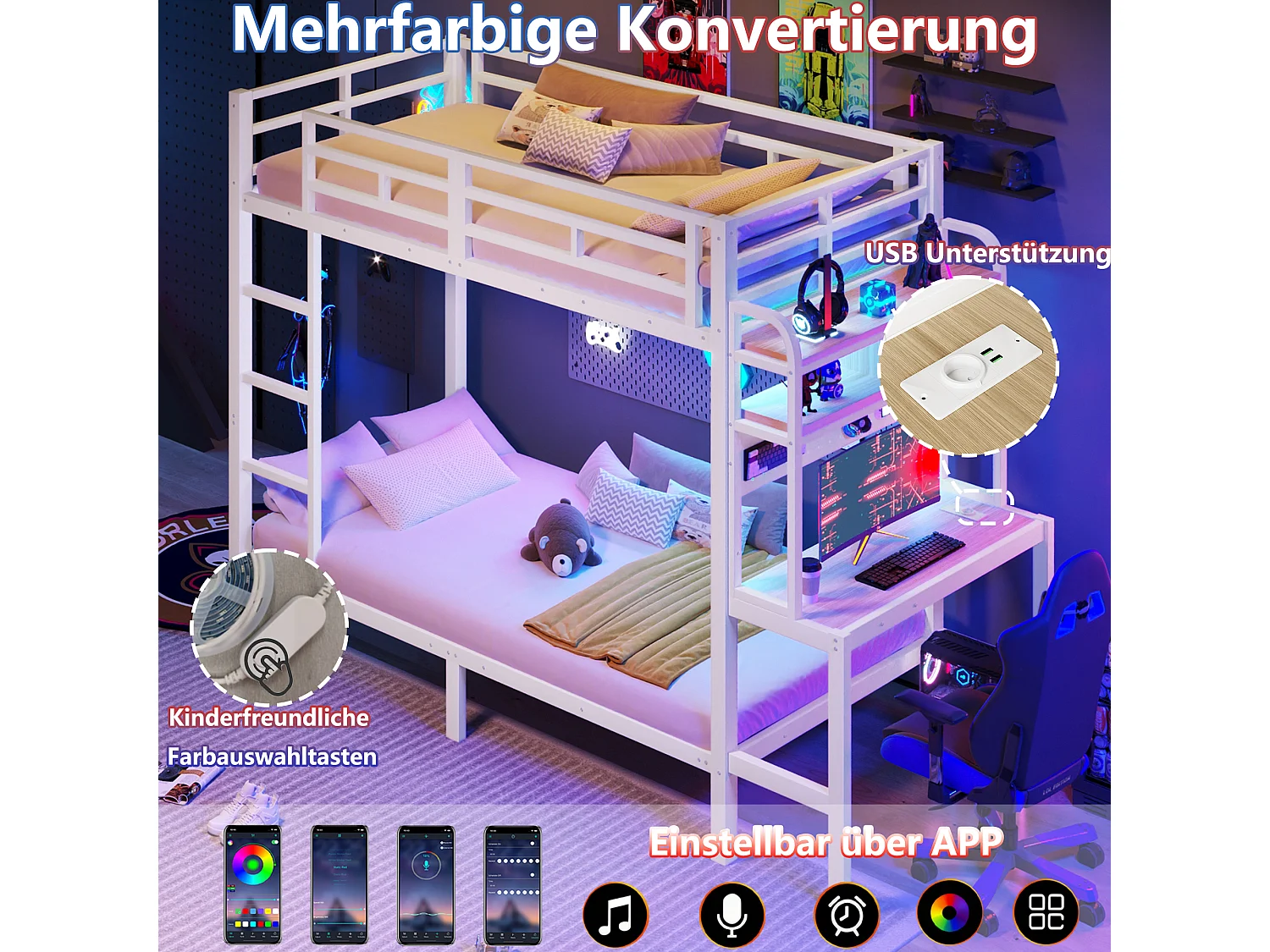 Køjeseng 90 x 200 cm med skrivebord, hylder, LED-lys og USB-porte – Metal og MDF – Sengehest – Hvid (Madras medfølger ikke)