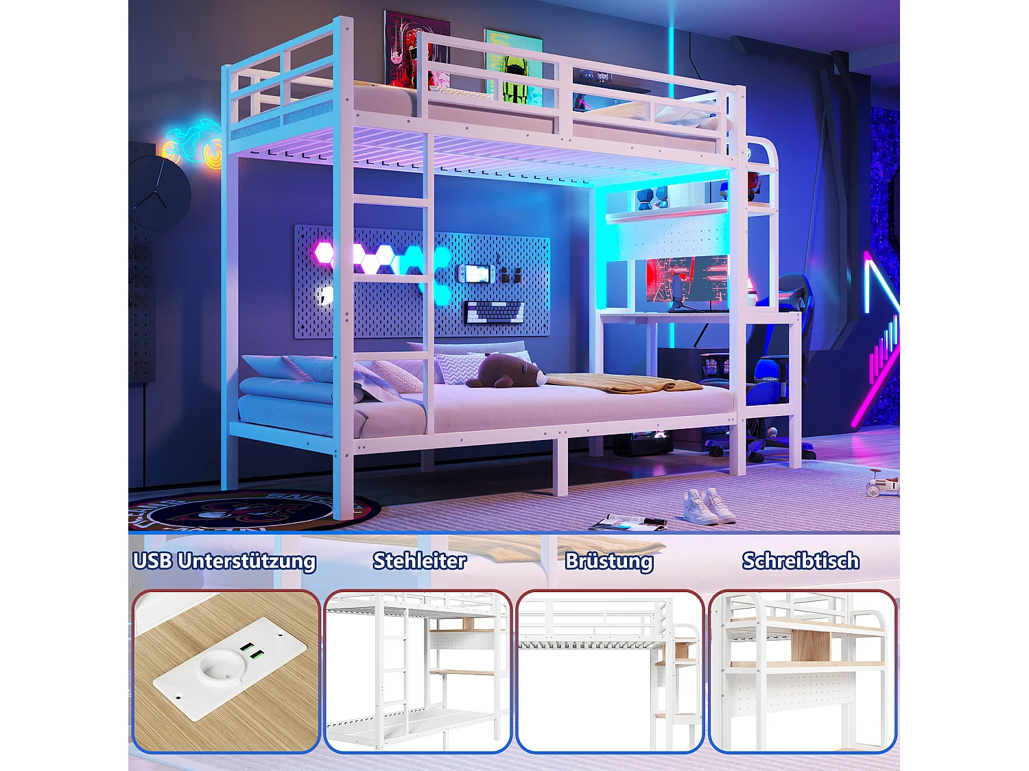 Køjeseng 90 x 200 cm med skrivebord, hylder, LED-lys og USB-porte – Metal og MDF – Sengehest – Hvid (Madras medfølger ikke)