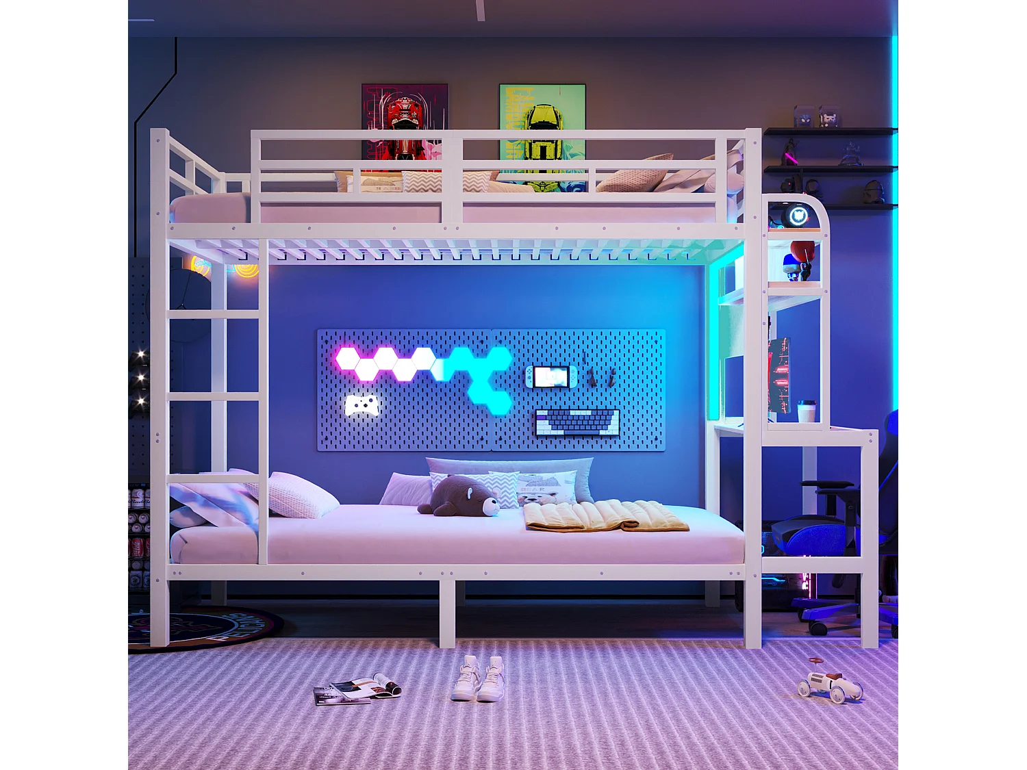 Køjeseng 90 x 200 cm med skrivebord, hylder, LED-lys og USB-porte – Metal og MDF – Sengehest – Hvid (Madras medfølger ikke)