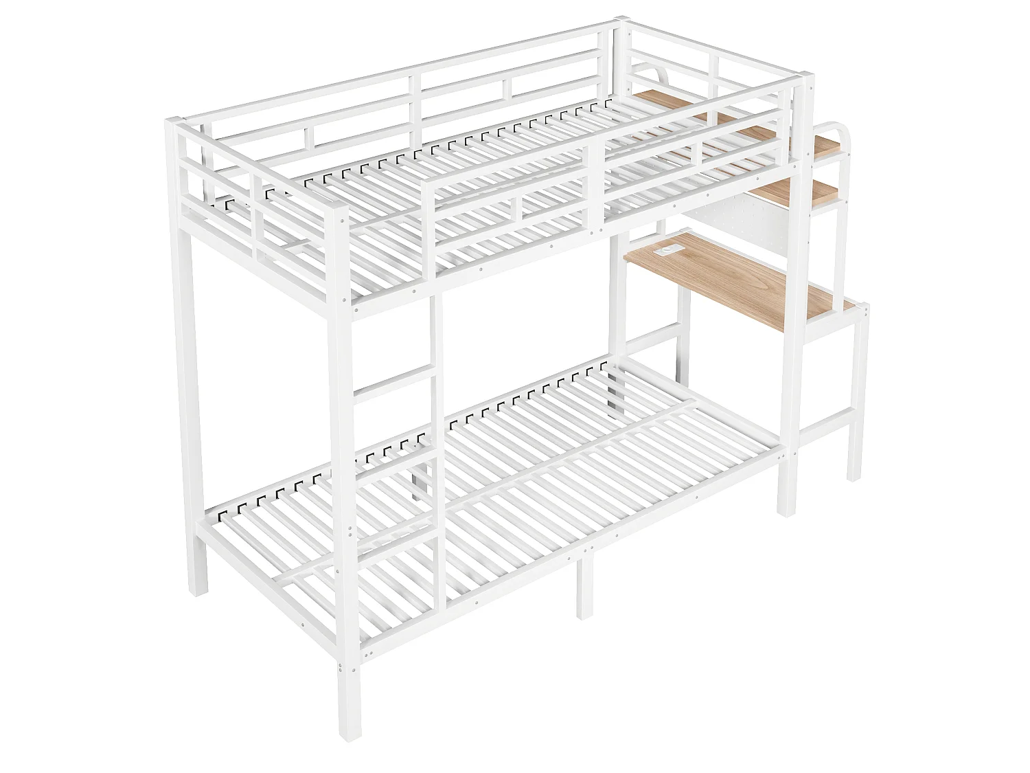 Køjeseng 90 x 200 cm med skrivebord, hylder, LED-lys og USB-porte – Metal og MDF – Sengehest – Hvid (Madras medfølger ikke)