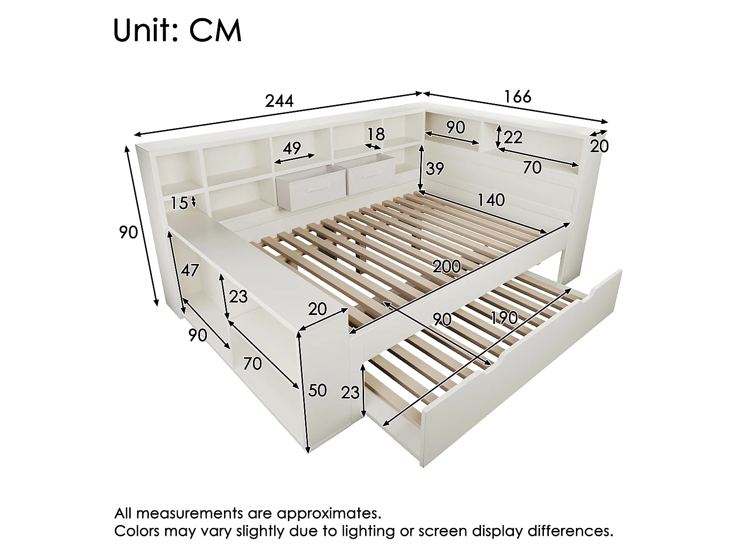 Uitschuifbaar bed 140 x 200 cm + 90 x 190 cm met opbergruimte aan 3 zijden, 3 USB-poorten en USB-C - Grenenhout + Spaanplaat - Wit (Matras niet inbegrepen)