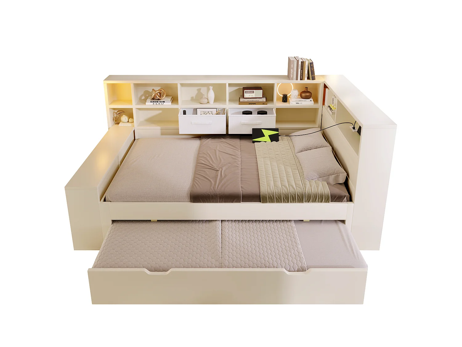 Uitschuifbaar bed 140 x 200 cm + 90 x 190 cm met opbergruimte aan 3 zijden, 3 USB-poorten en USB-C - Grenenhout + Spaanplaat - Wit (Matras niet inbegrepen)
