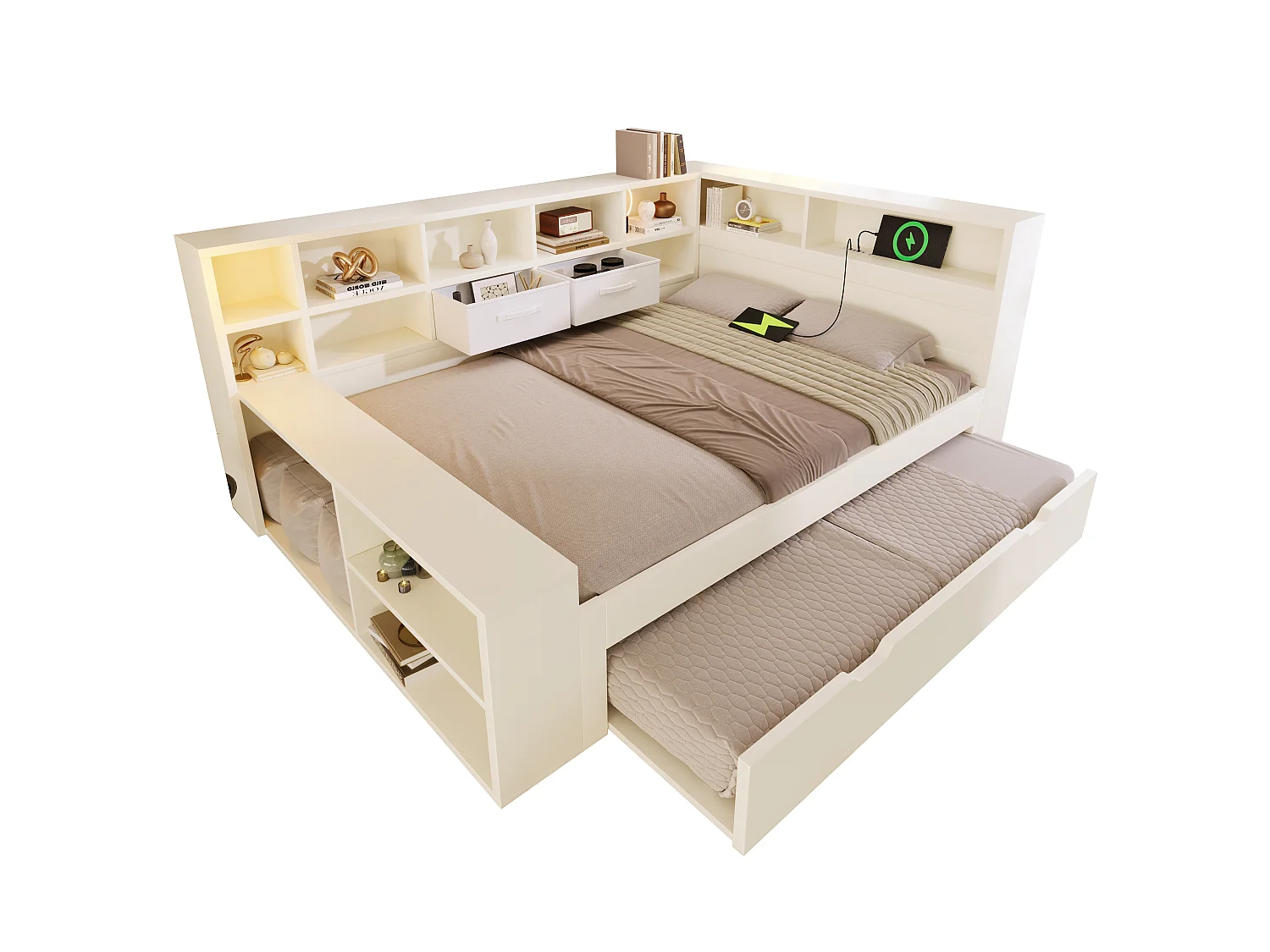 Uitschuifbaar bed 140 x 200 cm + 90 x 190 cm met opbergruimte aan 3 zijden, 3 USB-poorten en USB-C - Grenenhout + Spaanplaat - Wit (Matras niet inbegrepen)