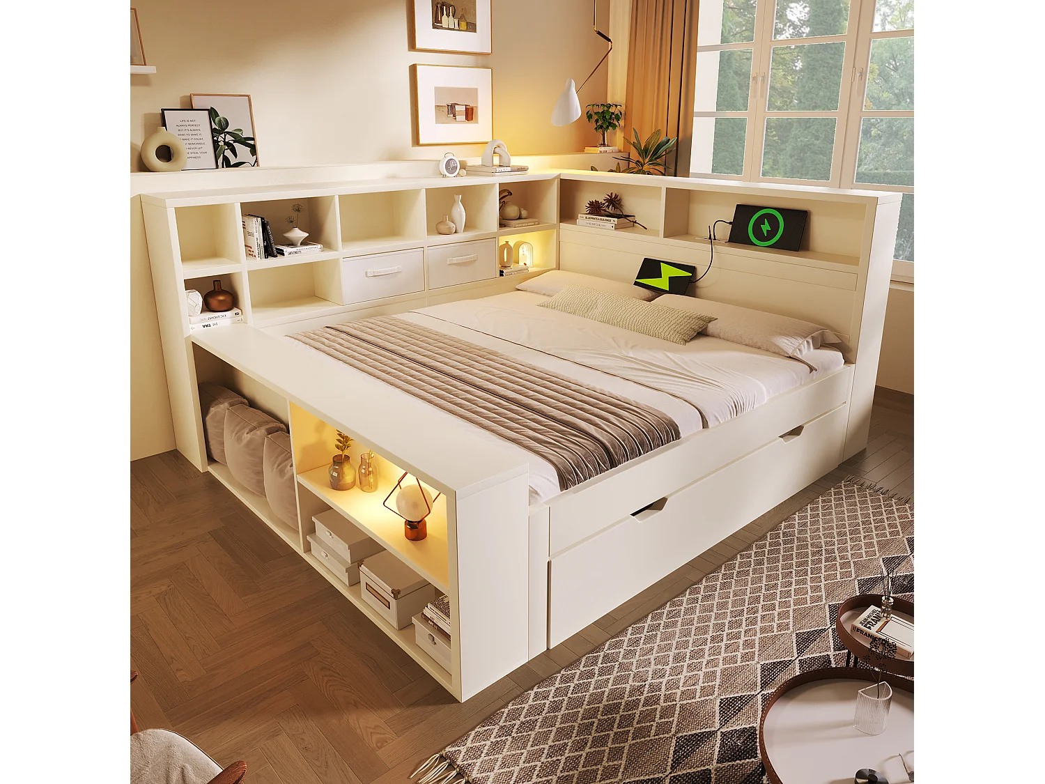 Uitschuifbaar bed 140 x 200 cm + 90 x 190 cm met opbergruimte aan 3 zijden, 3 USB-poorten en USB-C - Grenenhout + Spaanplaat - Wit (Matras niet inbegrepen)