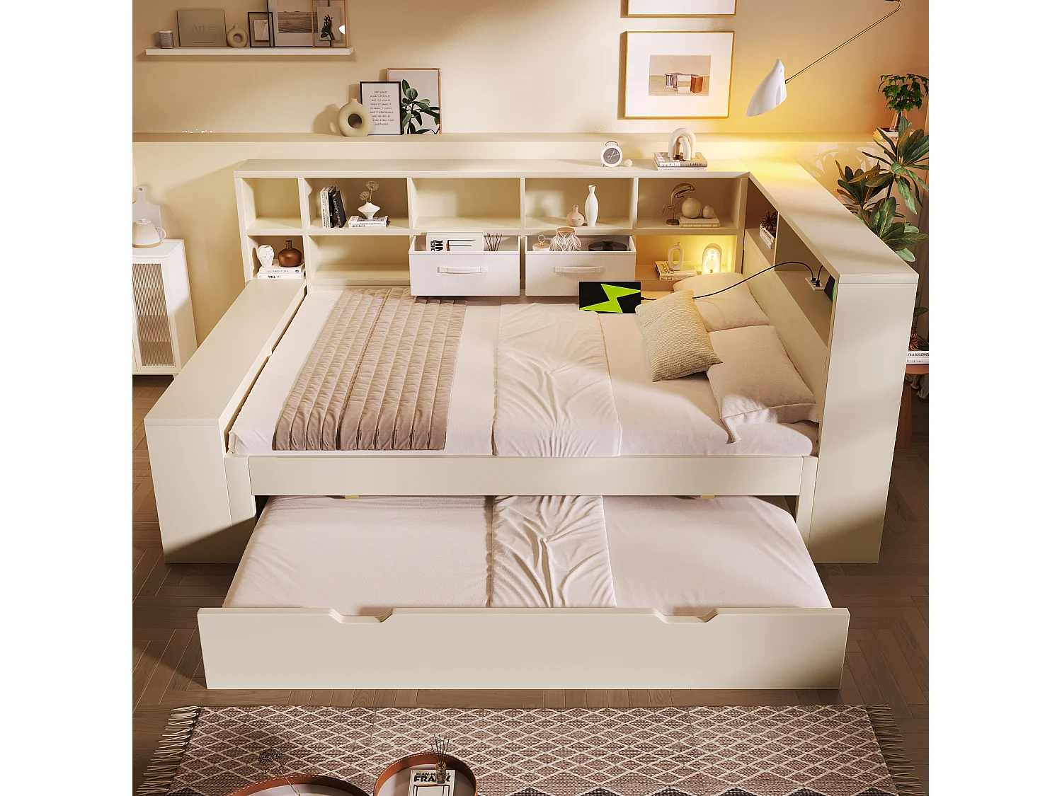 Uitschuifbaar bed 140 x 200 cm + 90 x 190 cm met opbergruimte aan 3 zijden, 3 USB-poorten en USB-C - Grenenhout + Spaanplaat - Wit (Matras niet inbegrepen)