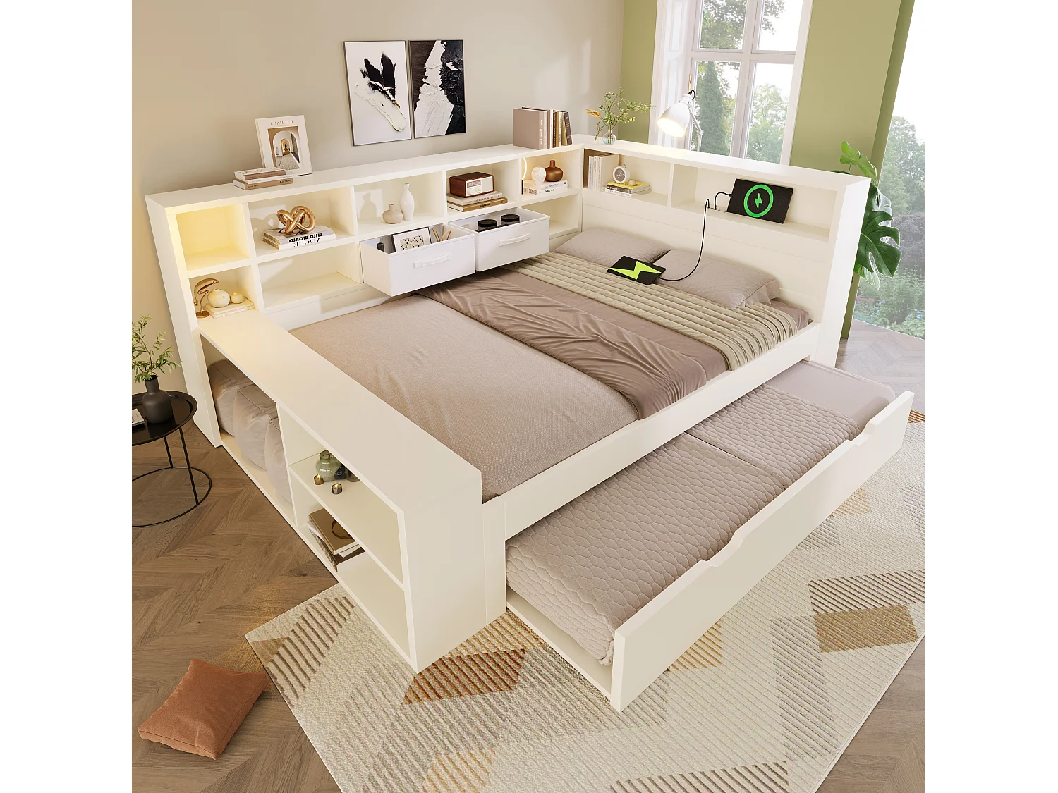 Uitschuifbaar bed 140 x 200 cm + 90 x 190 cm met opbergruimte aan 3 zijden, 3 USB-poorten en USB-C - Grenenhout + Spaanplaat - Wit (Matras niet inbegrepen)
