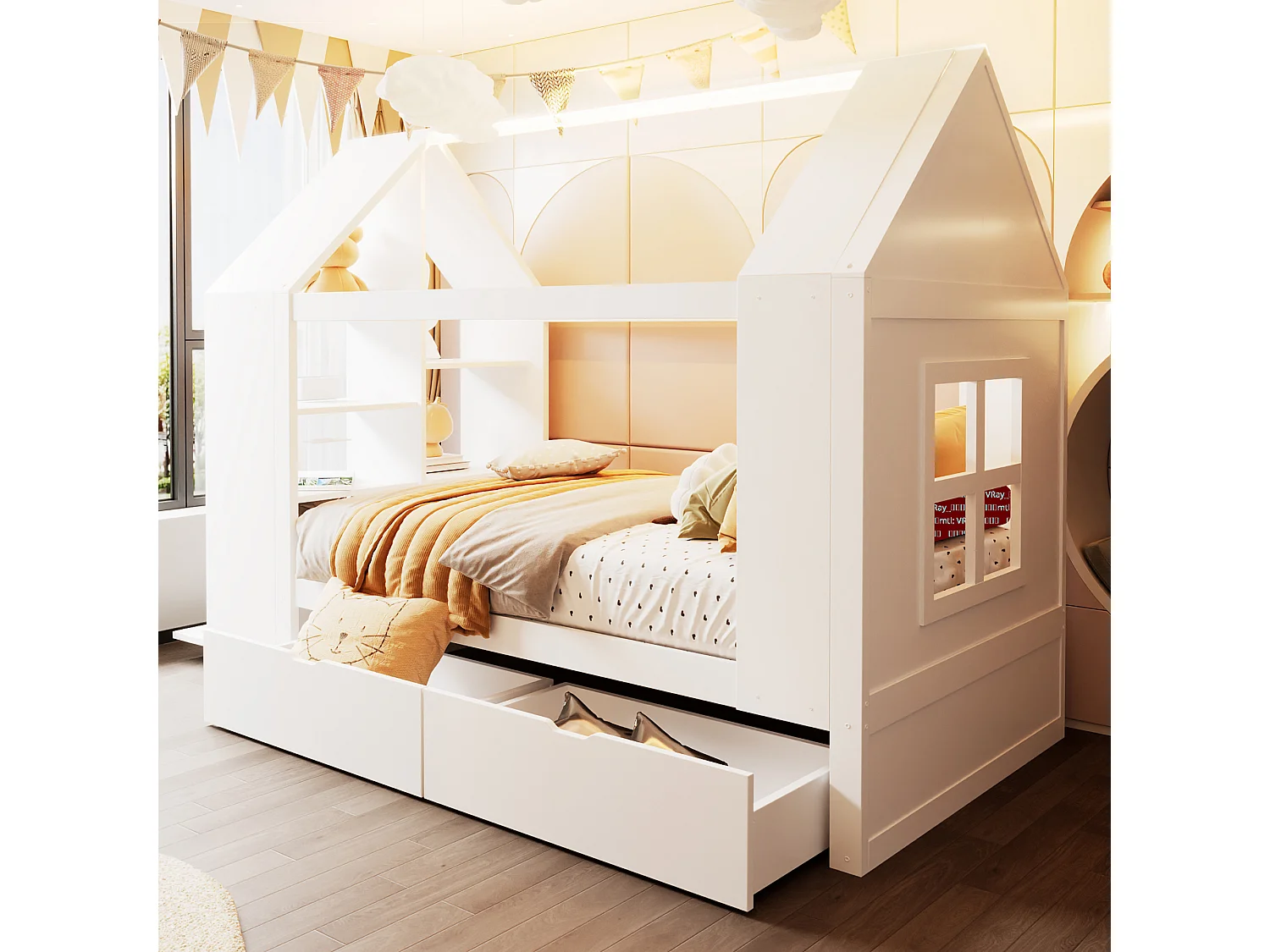 Cabin bed 90 x 200 cm with 2 drawers, side shelf, 2 drop-down doors and LED lighting - Solid wood + MDF - White (Mattress not included)