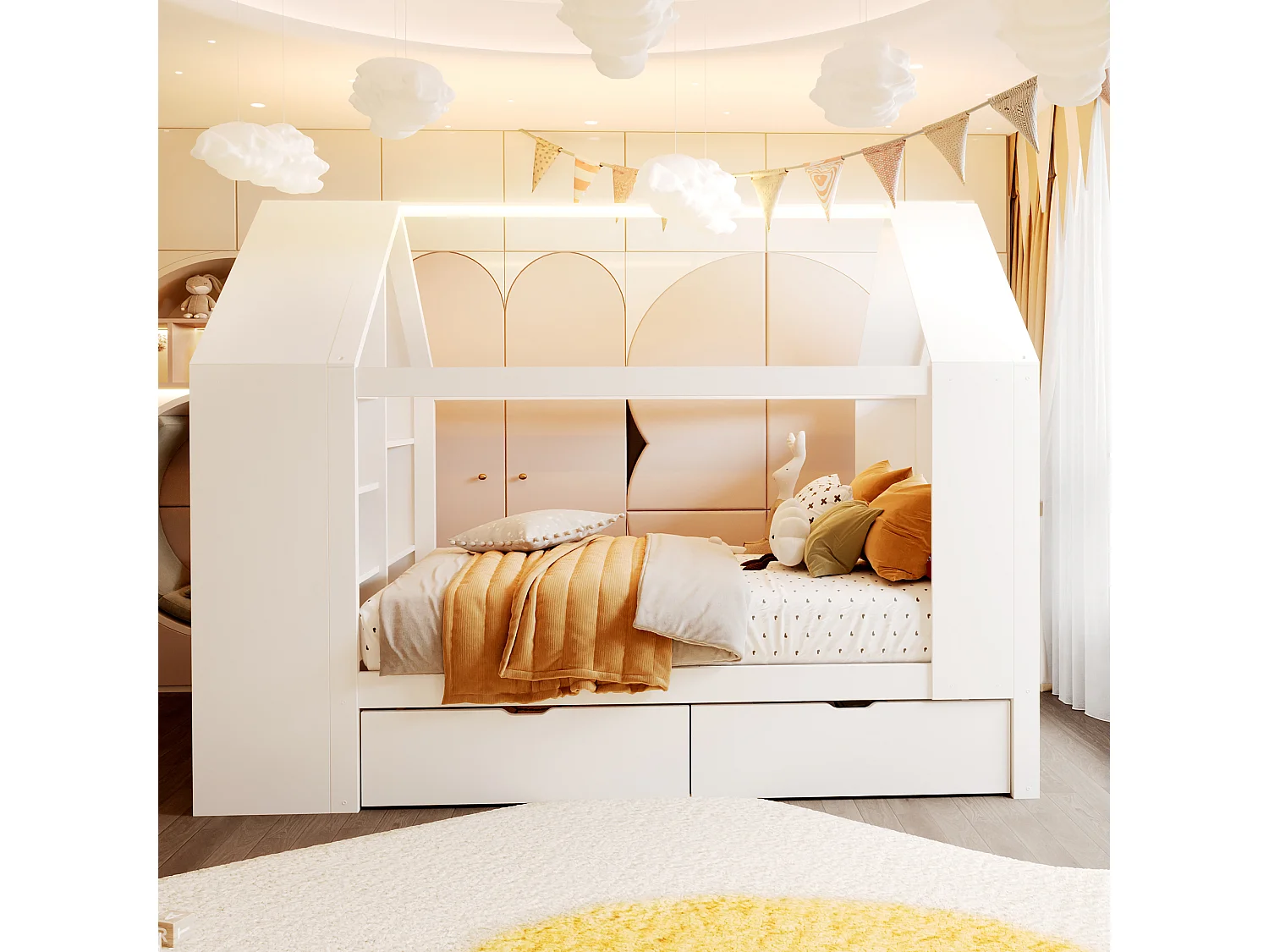 Cabin bed 90 x 200 cm with 2 drawers, side shelf, 2 drop-down doors and LED lighting - Solid wood + MDF - White (Mattress not included)