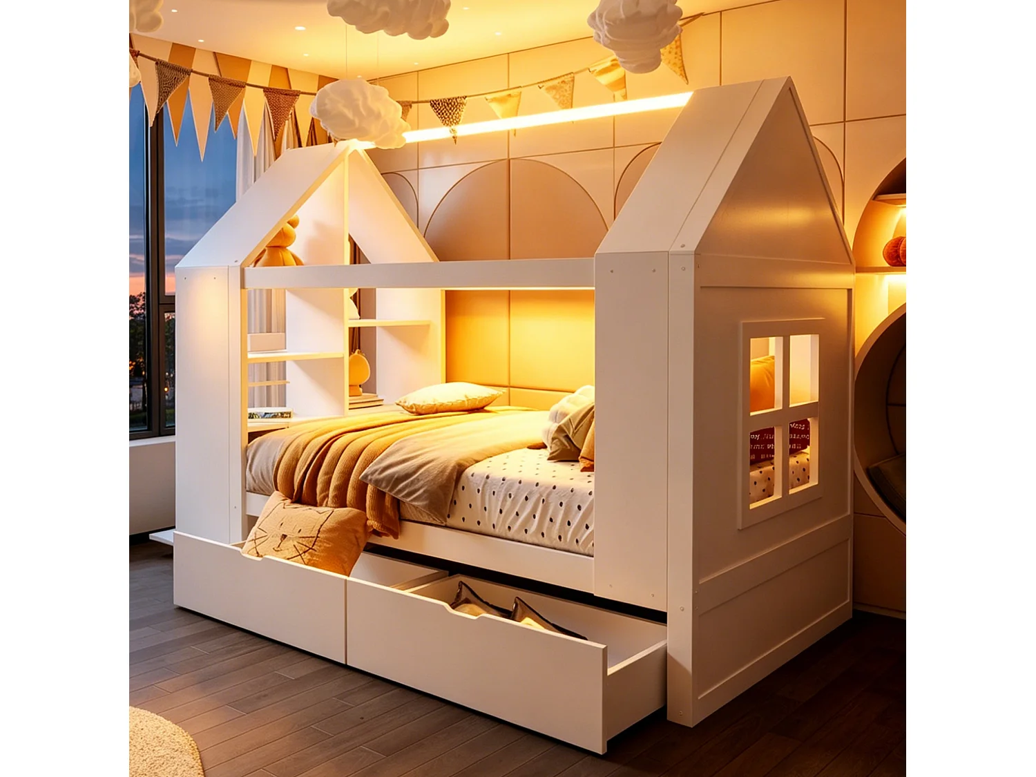 Cabin bed 90 x 200 cm with 2 drawers, side shelf, 2 drop-down doors and LED lighting - Solid wood + MDF - White (Mattress not included)