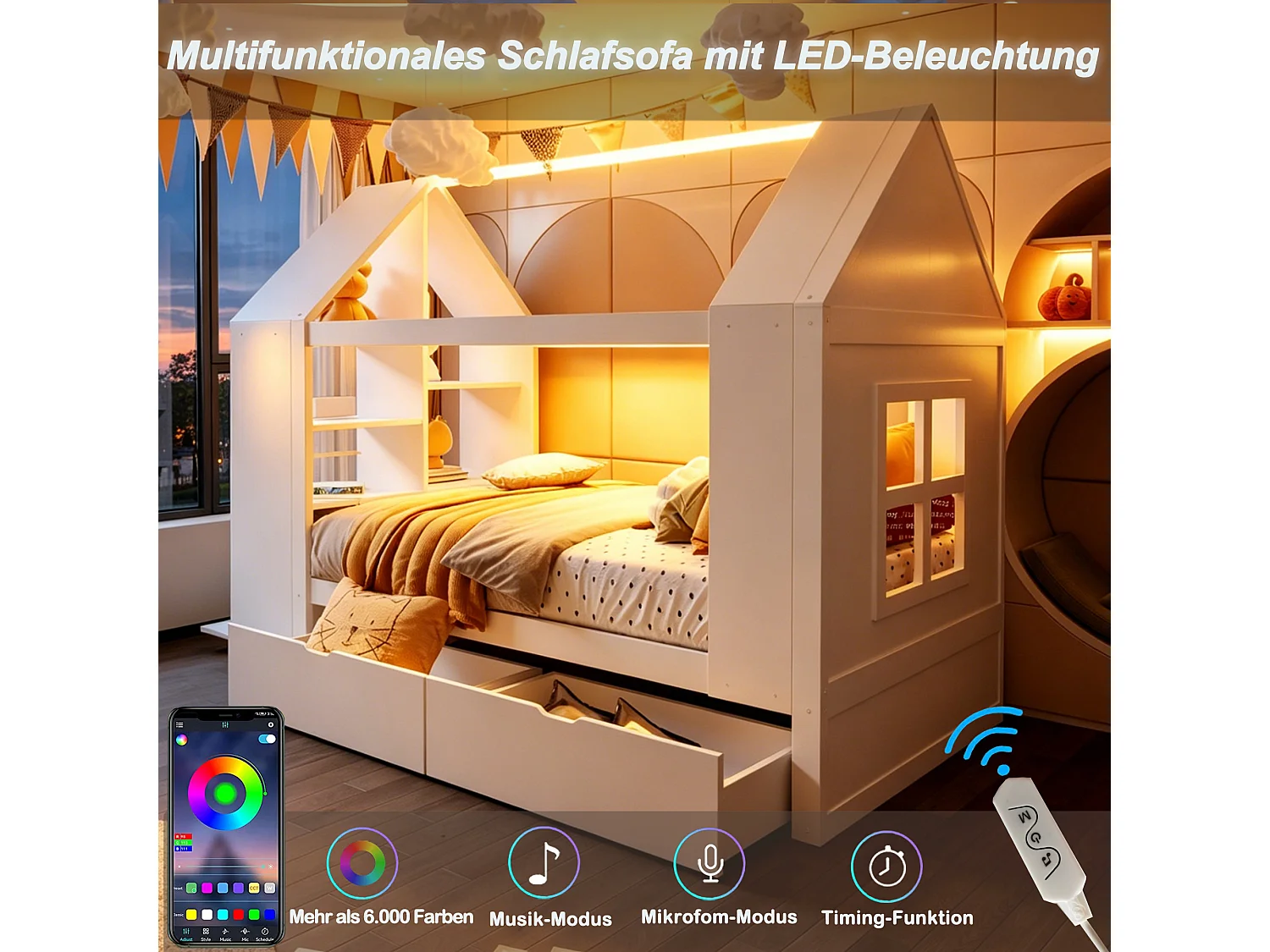 Cabin bed 90 x 200 cm with 2 drawers, side shelf, 2 drop-down doors and LED lighting - Solid wood + MDF - White (Mattress not included)
