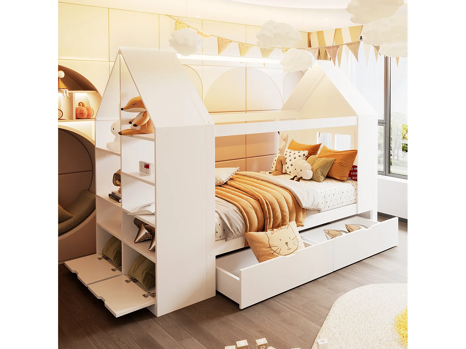 Cabin bed 90 x 200 cm with 2 drawers, side shelf, 2 drop-down doors and LED lighting - Solid wood + MDF - White (Mattress not included)