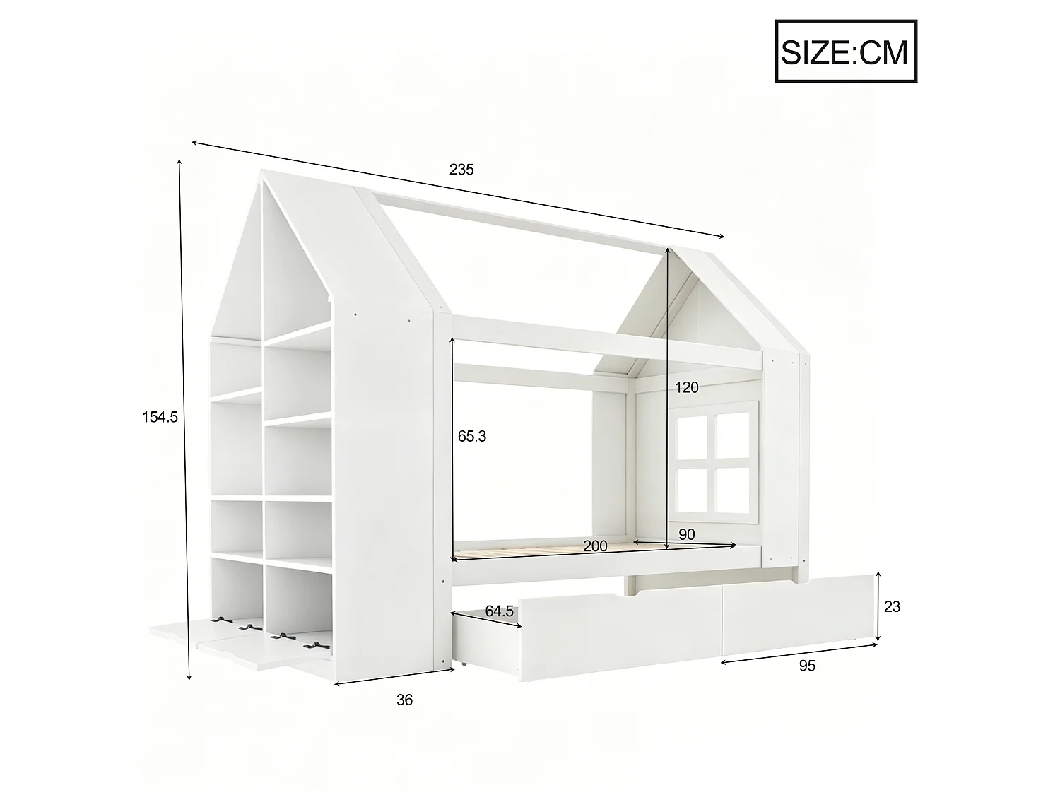 Cabin bed 90 x 200 cm with 2 drawers, side shelf, 2 drop-down doors and LED lighting - Solid wood + MDF - White (Mattress not included)