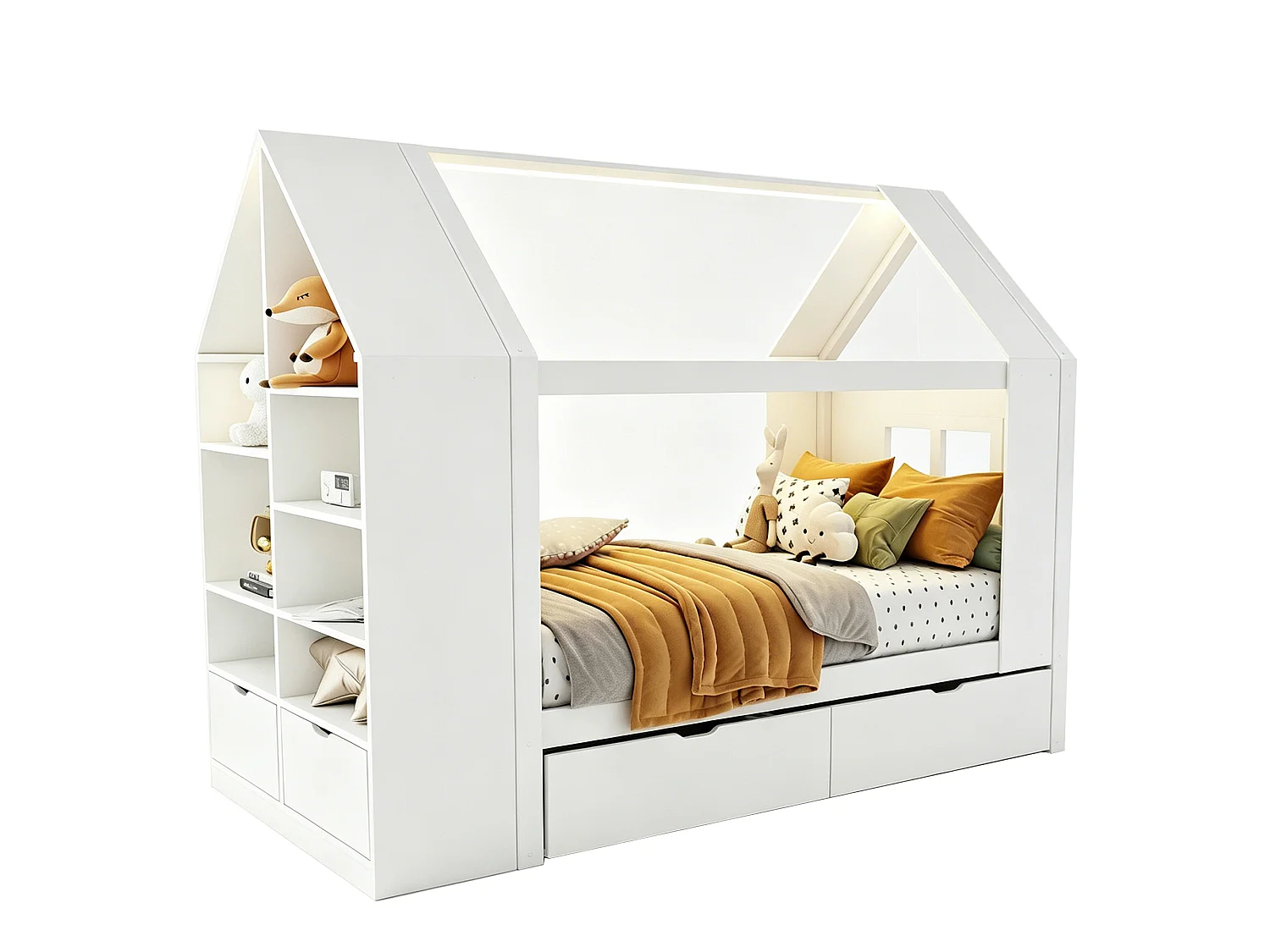 Cabin bed 90 x 200 cm with 2 drawers, side shelf, 2 drop-down doors and LED lighting - Solid wood + MDF - White (Mattress not included)