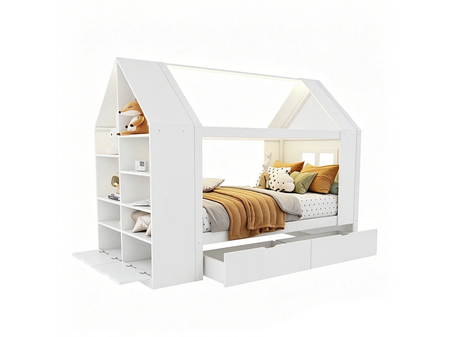 Cabin bed 90 x 200 cm with 2 drawers, side shelf, 2 drop-down doors and LED lighting - Solid wood + MDF - White (Mattress not included)