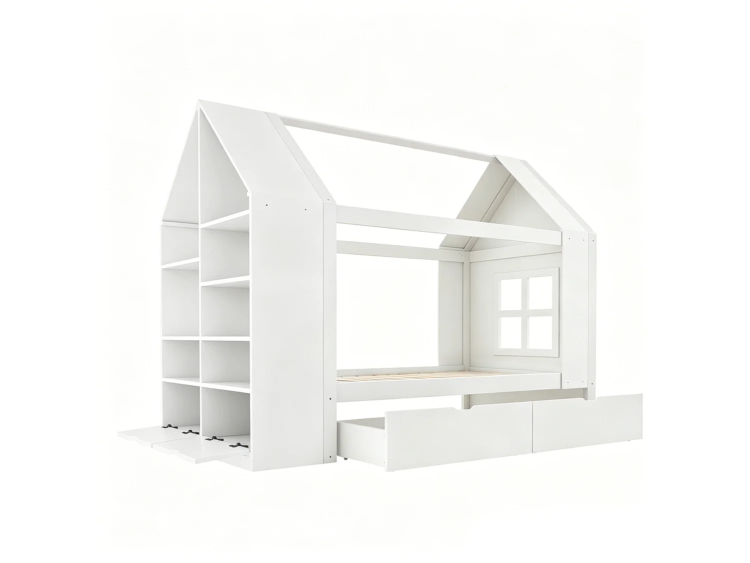 Cabin bed 90 x 200 cm with 2 drawers, side shelf, 2 drop-down doors and LED lighting - Solid wood + MDF - White (Mattress not included)