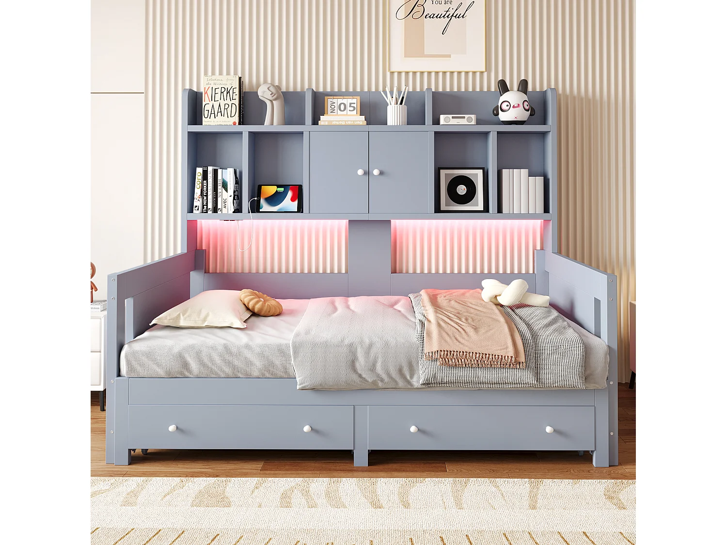 Letto estraibile 90/180 x 190 cm con 2 cassetti, 2 ante e ripiani a giorno, illuminazione a LED e presa elettrica – MDF/compensato – Grigio (materasso non incluso)