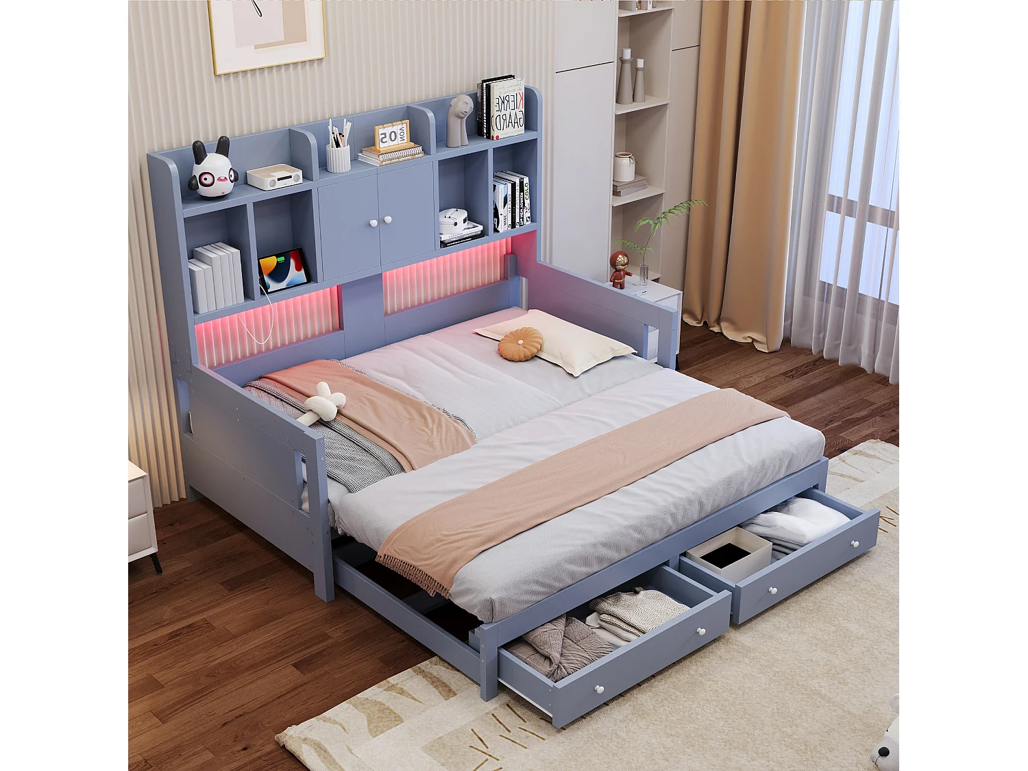 Letto estraibile 90/180 x 190 cm con 2 cassetti, 2 ante e ripiani a giorno, illuminazione a LED e presa elettrica – MDF/compensato – Grigio (materasso non incluso)