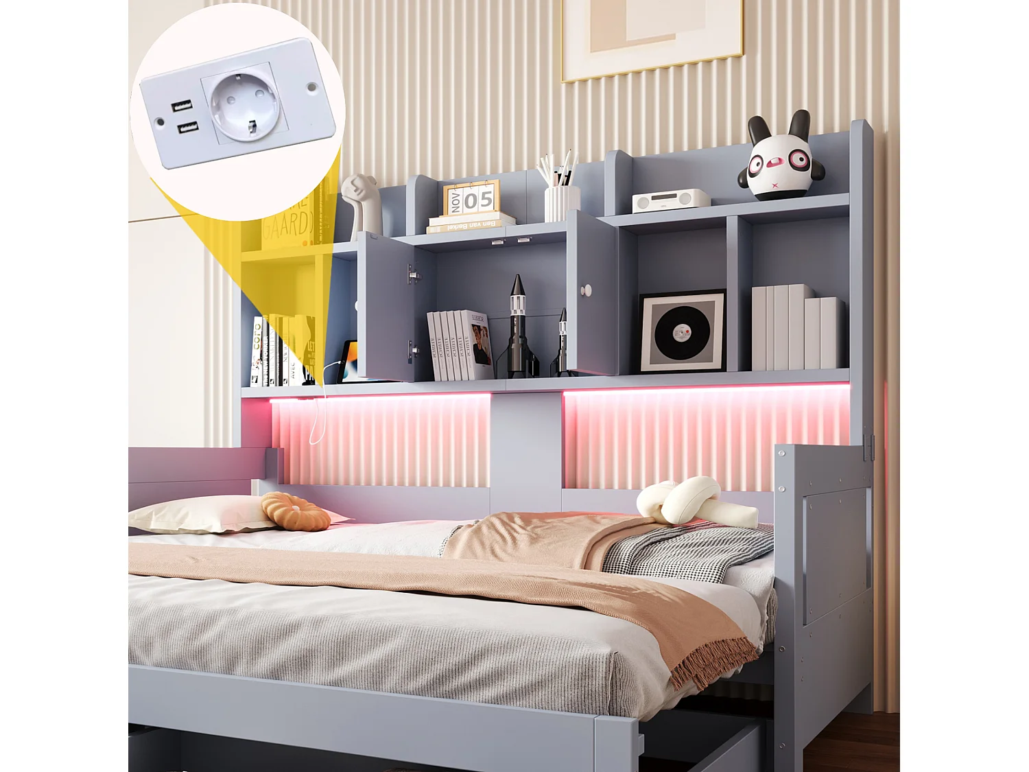 Letto estraibile 90/180 x 190 cm con 2 cassetti, 2 ante e ripiani a giorno, illuminazione a LED e presa elettrica – MDF/compensato – Grigio (materasso non incluso)