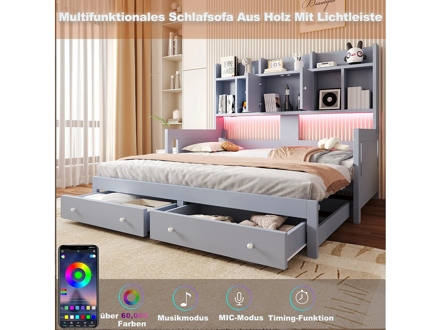 Letto estraibile 90/180 x 190 cm con 2 cassetti, 2 ante e ripiani a giorno, illuminazione a LED e presa elettrica – MDF/compensato – Grigio (materasso non incluso)