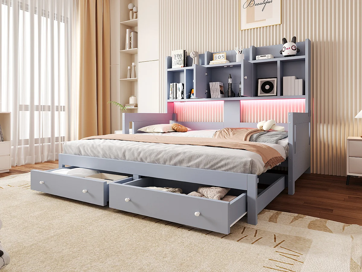 Letto estraibile 90/180 x 190 cm con 2 cassetti, 2 ante e ripiani a giorno, illuminazione a LED e presa elettrica – MDF/compensato – Grigio (materasso non incluso)