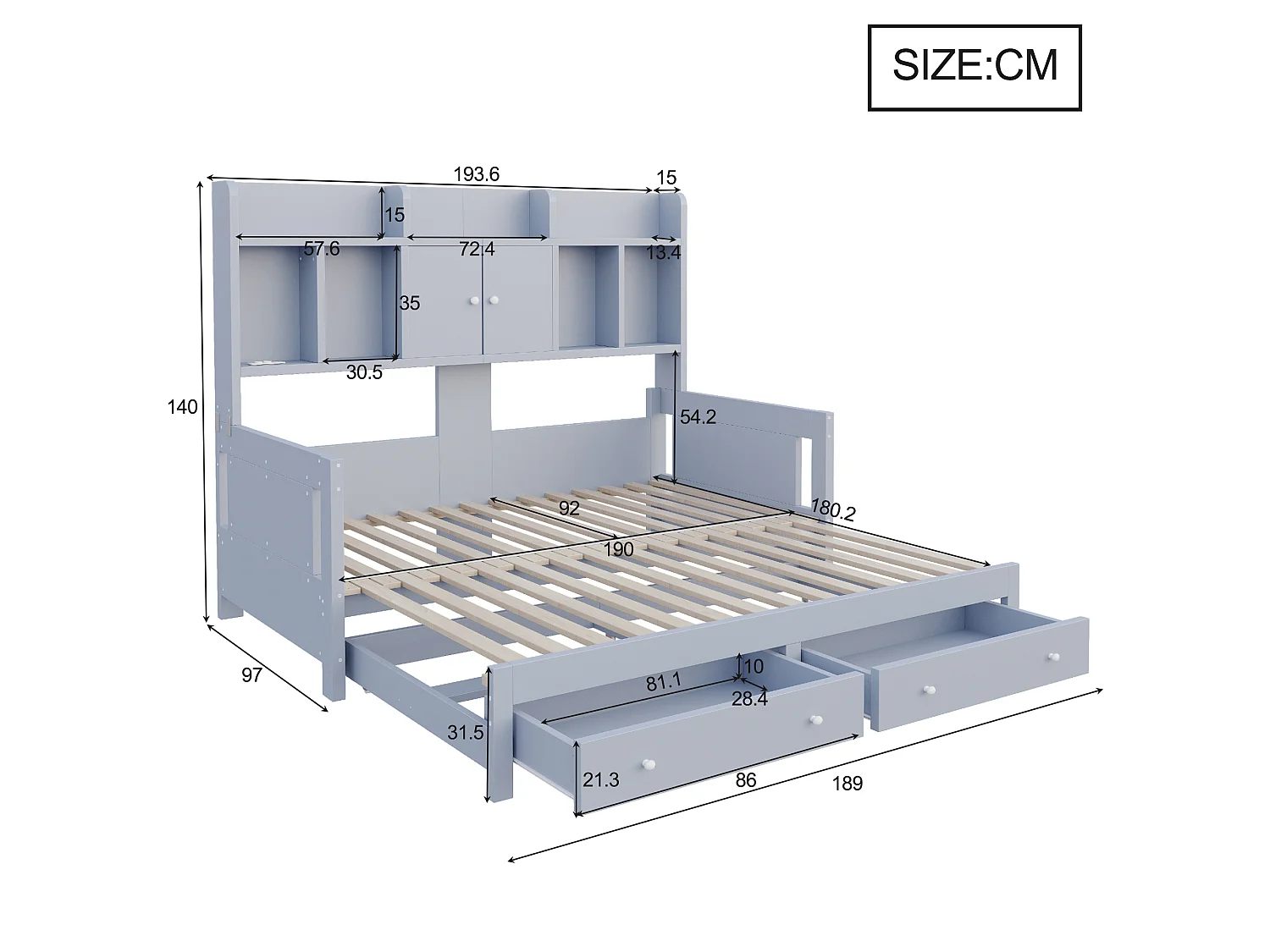 Letto estraibile 90/180 x 190 cm con 2 cassetti, 2 ante e ripiani a giorno, illuminazione a LED e presa elettrica – MDF/compensato – Grigio (materasso non incluso)