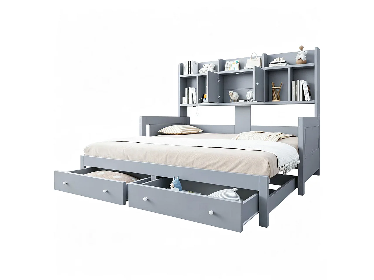 Letto estraibile 90/180 x 190 cm con 2 cassetti, 2 ante e ripiani a giorno, illuminazione a LED e presa elettrica – MDF/compensato – Grigio (materasso non incluso)