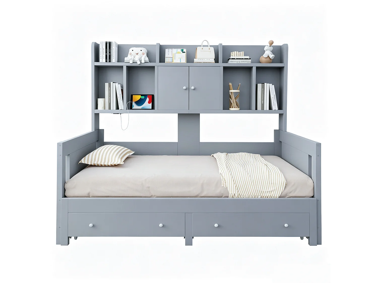Letto estraibile 90/180 x 190 cm con 2 cassetti, 2 ante e ripiani a giorno, illuminazione a LED e presa elettrica – MDF/compensato – Grigio (materasso non incluso)