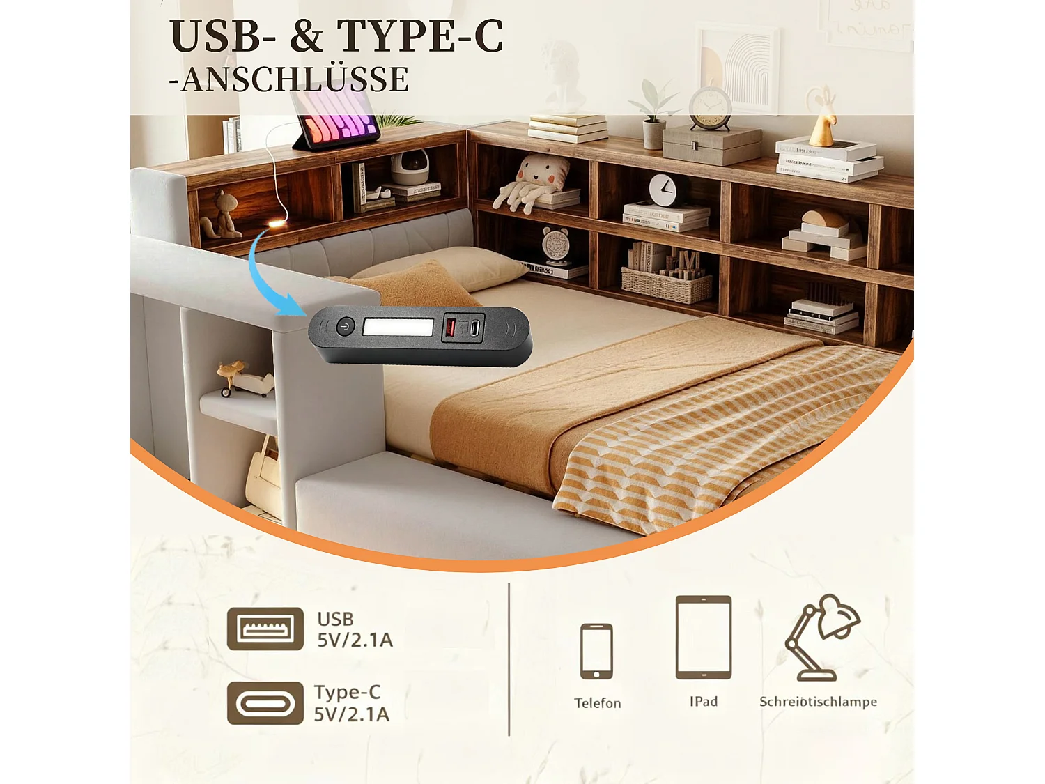 Upholstered bed 90 x 200 cm with headboard storage, compartments, LEDs and sockets - Velvet + MDF - Light grey (Mattress not included)