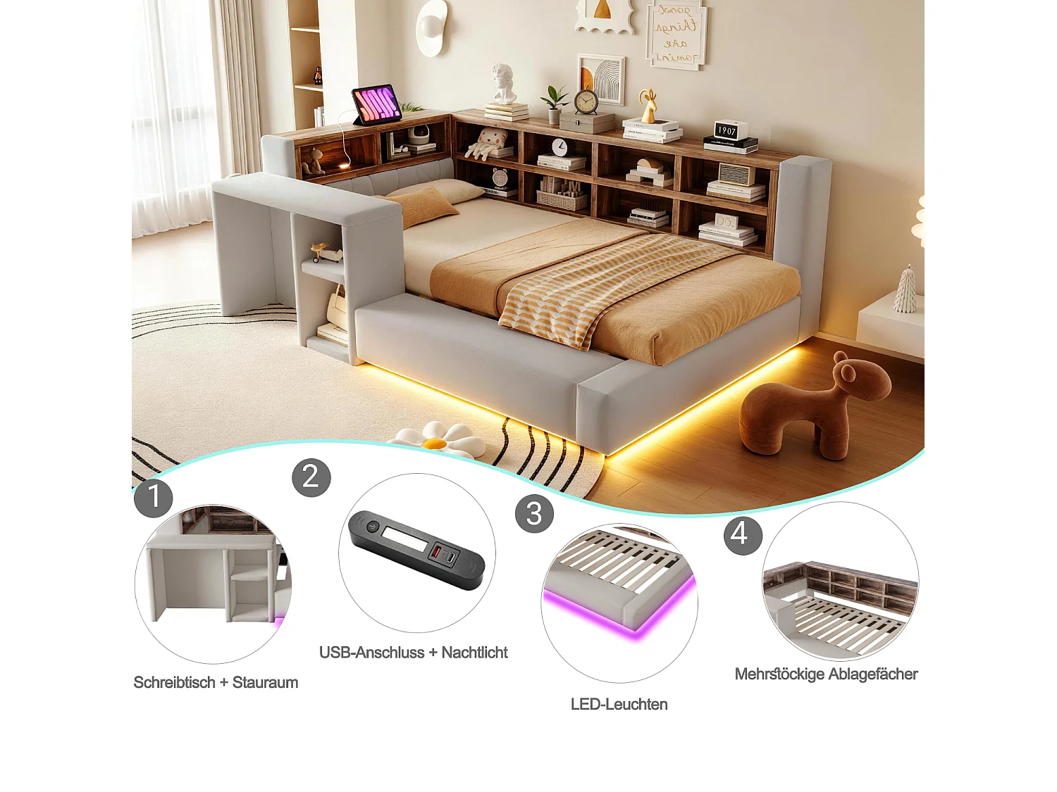Upholstered bed 90 x 200 cm with headboard storage, compartments, LEDs and sockets - Velvet + MDF - Light grey (Mattress not included)