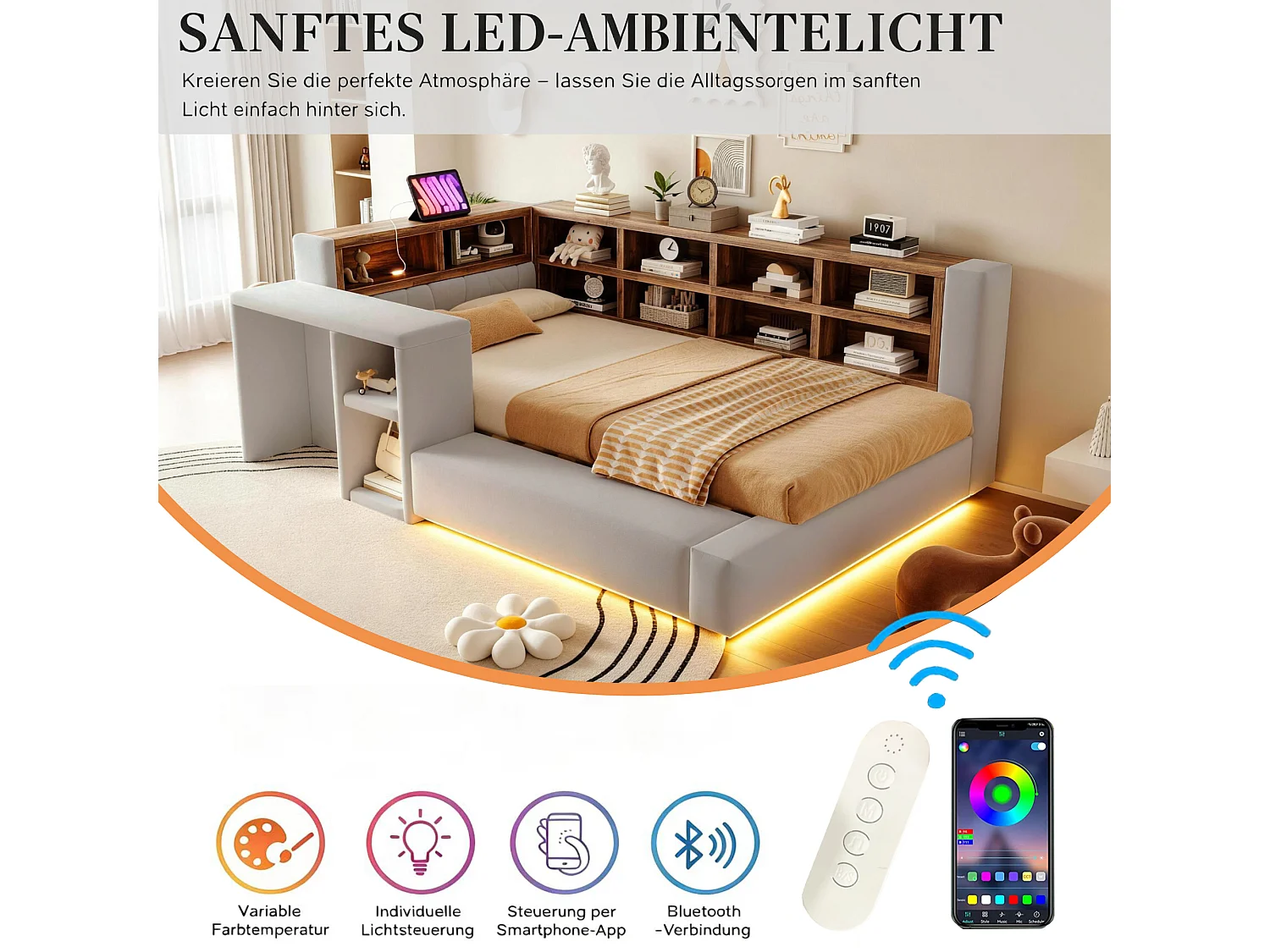 Upholstered bed 90 x 200 cm with headboard storage, compartments, LEDs and sockets - Velvet + MDF - Light grey (Mattress not included)
