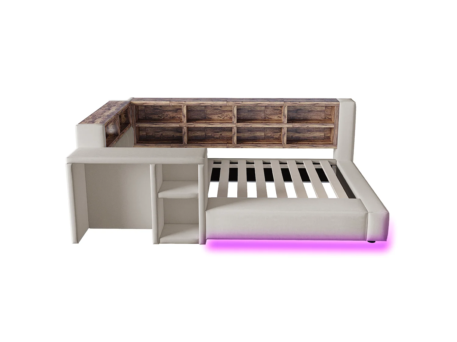Upholstered bed 90 x 200 cm with headboard storage, compartments, LEDs and sockets - Velvet + MDF - Light grey (Mattress not included)