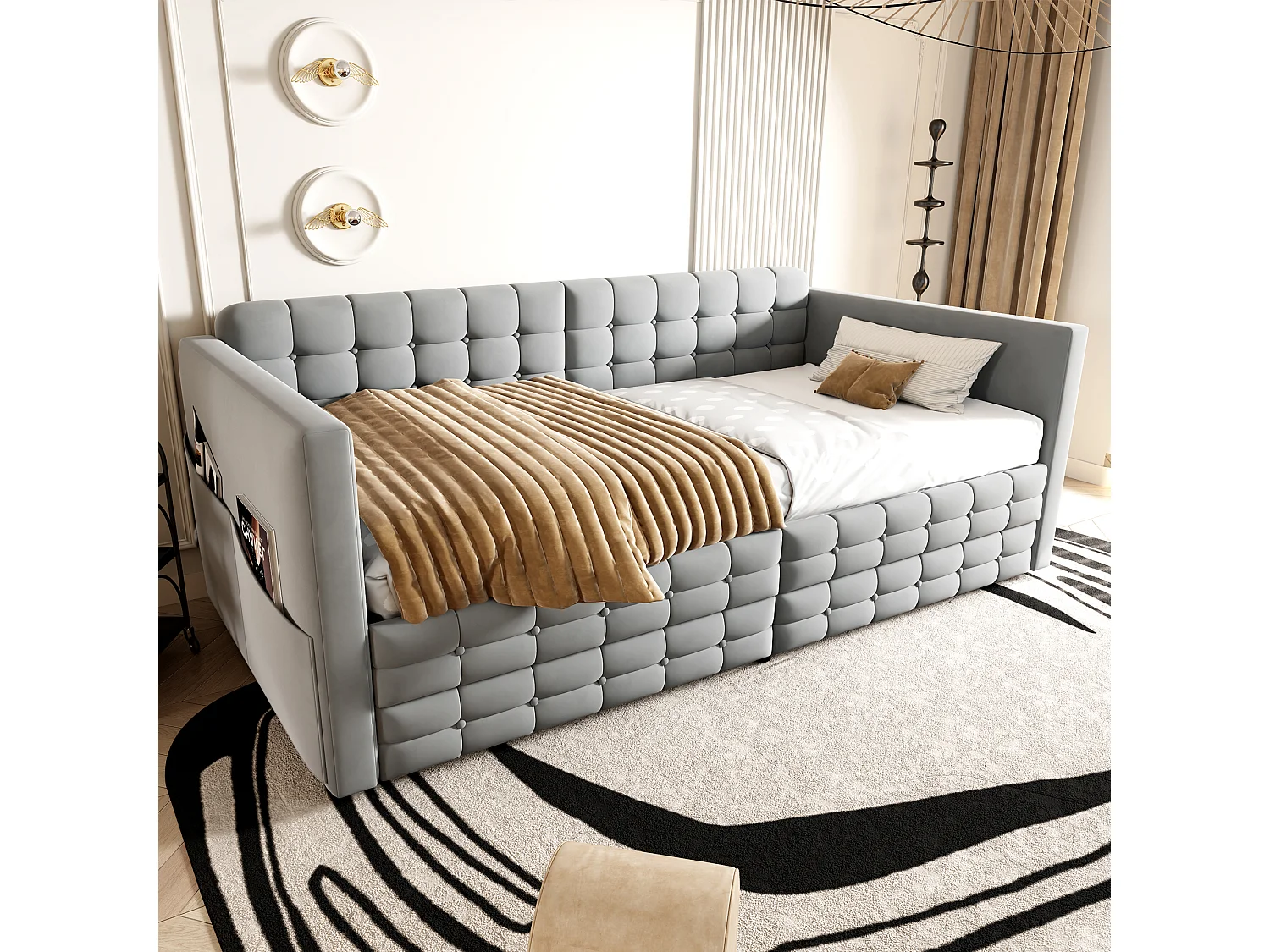 Letto imbottito 90 x 190 cm con testiera e 2 cassetti, divano letto - Velluto - Fantasia a quadri classica - Grigio chiaro (Materasso non incluso)