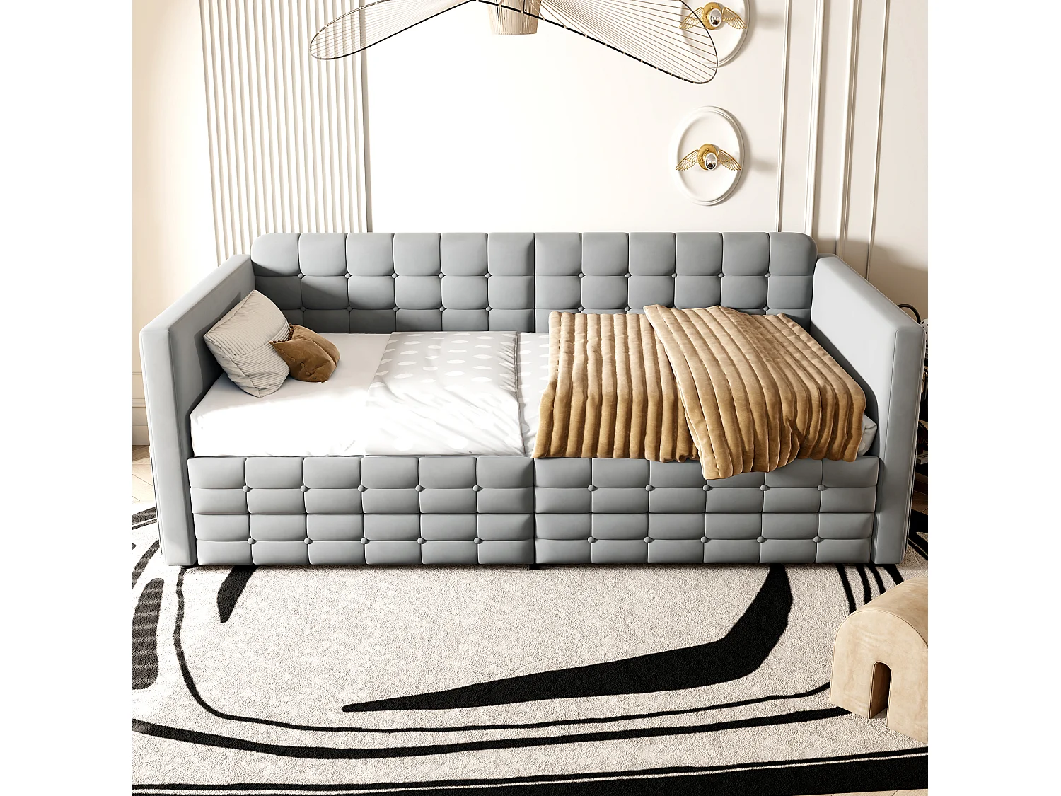 Letto imbottito 90 x 190 cm con testiera e 2 cassetti, divano letto - Velluto - Fantasia a quadri classica - Grigio chiaro (Materasso non incluso)