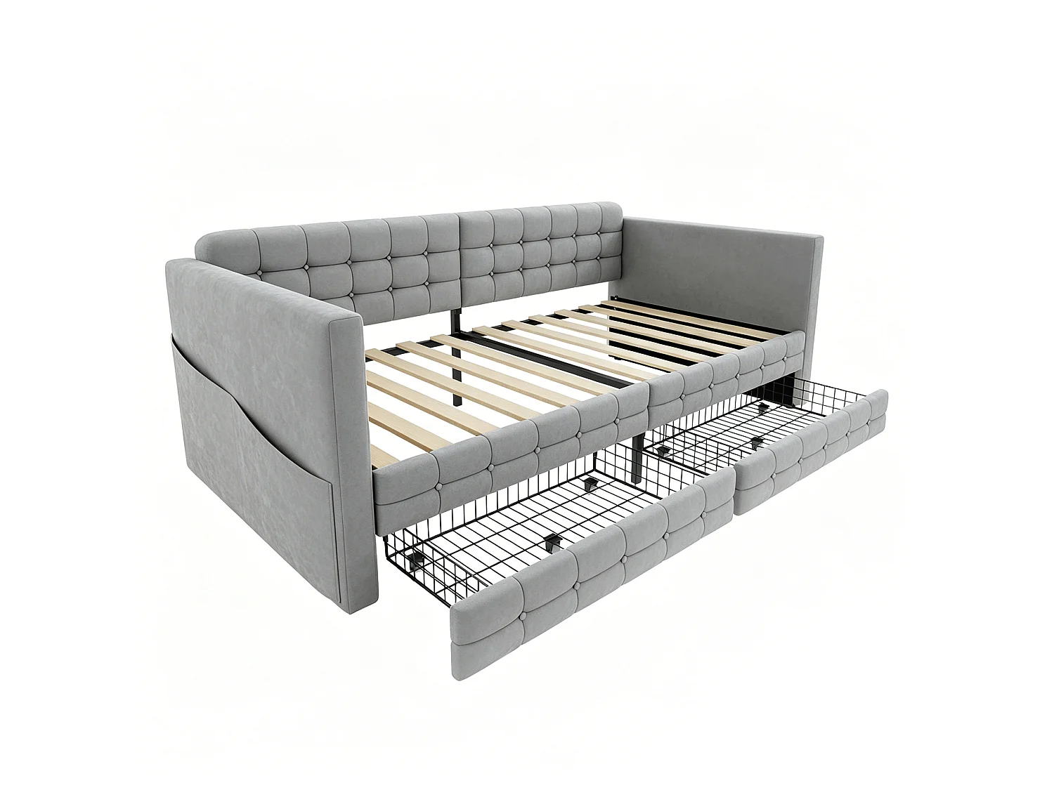 Letto imbottito 90 x 190 cm con testiera e 2 cassetti, divano letto - Velluto - Fantasia a quadri classica - Grigio chiaro (Materasso non incluso)