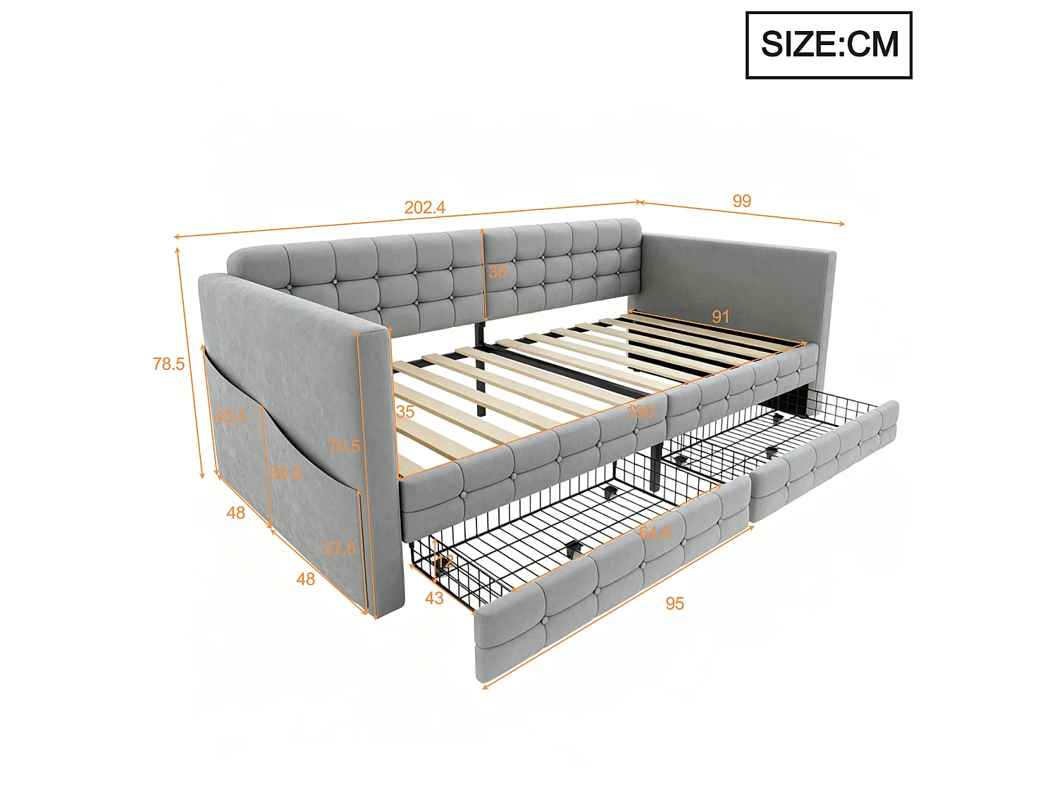 Letto imbottito 90 x 190 cm con testiera e 2 cassetti, divano letto - Velluto - Fantasia a quadri classica - Grigio chiaro (Materasso non incluso)
