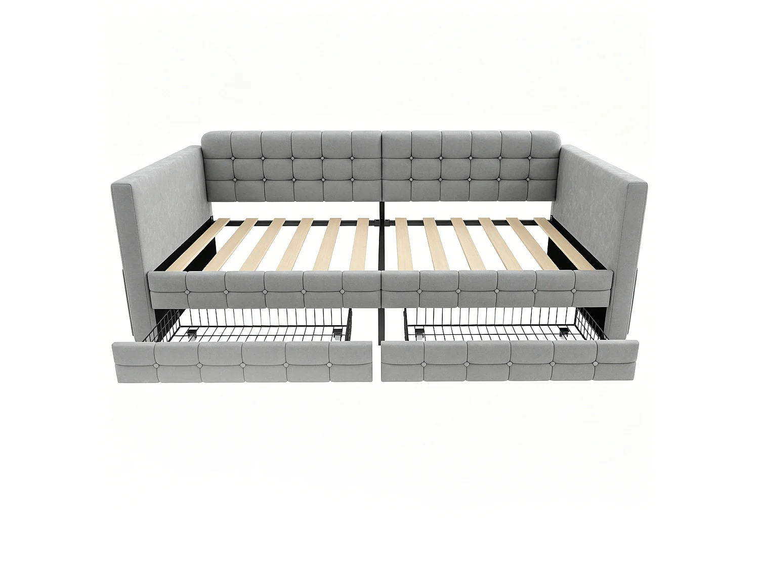 Letto imbottito 90 x 190 cm con testiera e 2 cassetti, divano letto - Velluto - Fantasia a quadri classica - Grigio chiaro (Materasso non incluso)