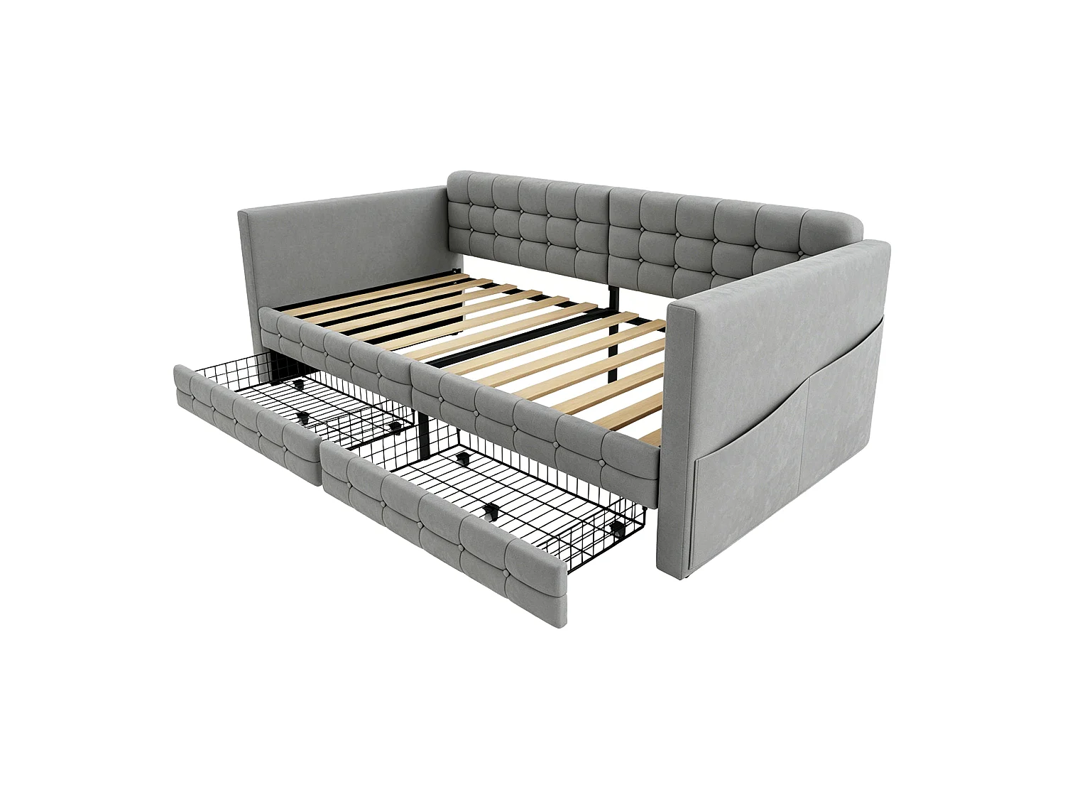 Letto imbottito 90 x 190 cm con testiera e 2 cassetti, divano letto - Velluto - Fantasia a quadri classica - Grigio chiaro (Materasso non incluso)