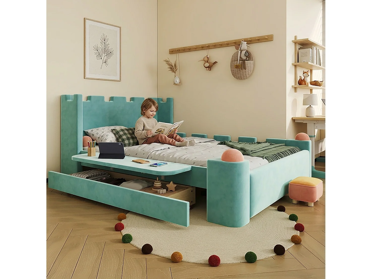 Lit capitonné 140 x 200 cm avec 1 tiroir de rangement et étagère latérale pliable – Velours français – Bleu canard (Sans matelas)