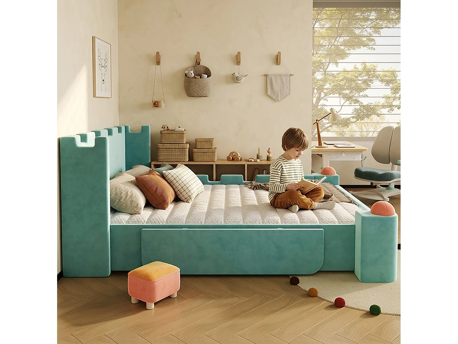Lit capitonné 140 x 200 cm avec 1 tiroir de rangement et étagère latérale pliable – Velours français – Bleu canard (Sans matelas)