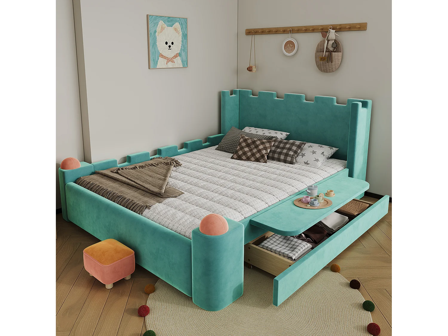 Lit capitonné 140 x 200 cm avec 1 tiroir de rangement et étagère latérale pliable – Velours français – Bleu canard (Sans matelas)