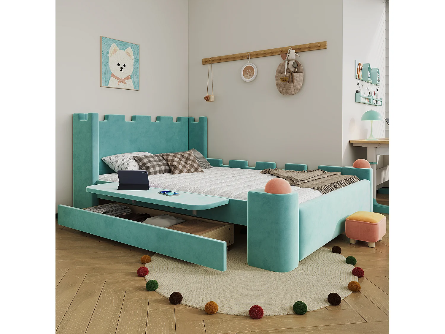 Lit capitonné 140 x 200 cm avec 1 tiroir de rangement et étagère latérale pliable – Velours français – Bleu canard (Sans matelas)