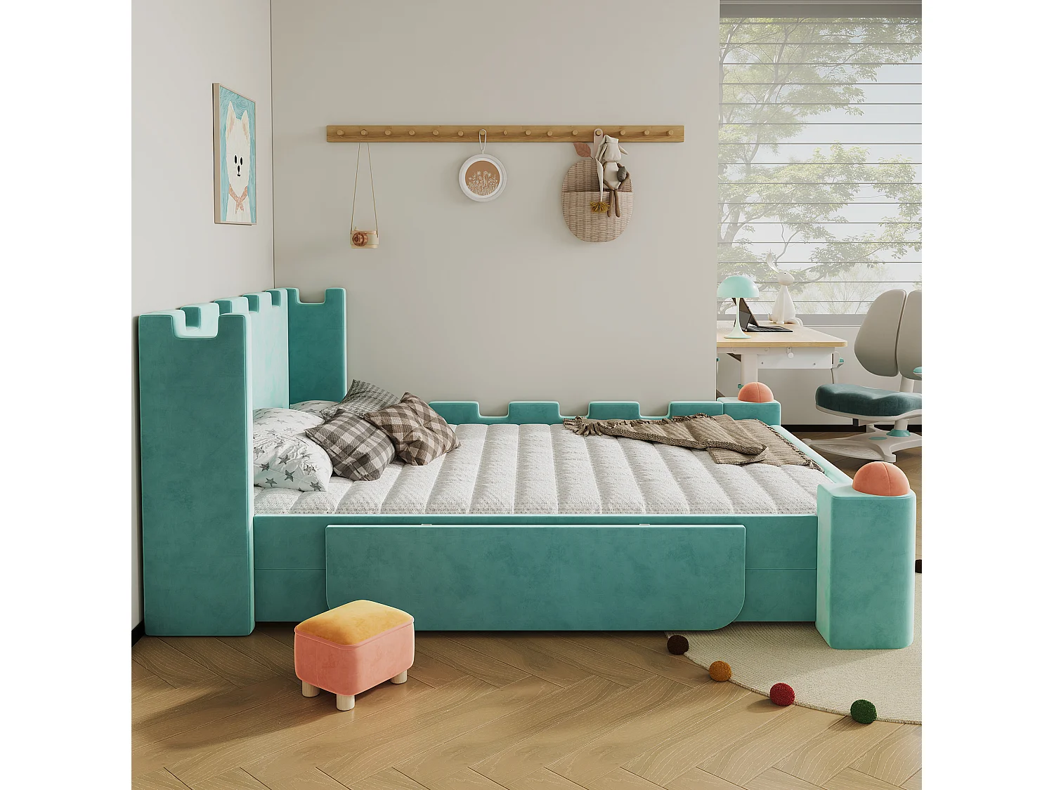 Lit capitonné 140 x 200 cm avec 1 tiroir de rangement et étagère latérale pliable – Velours français – Bleu canard (Sans matelas)
