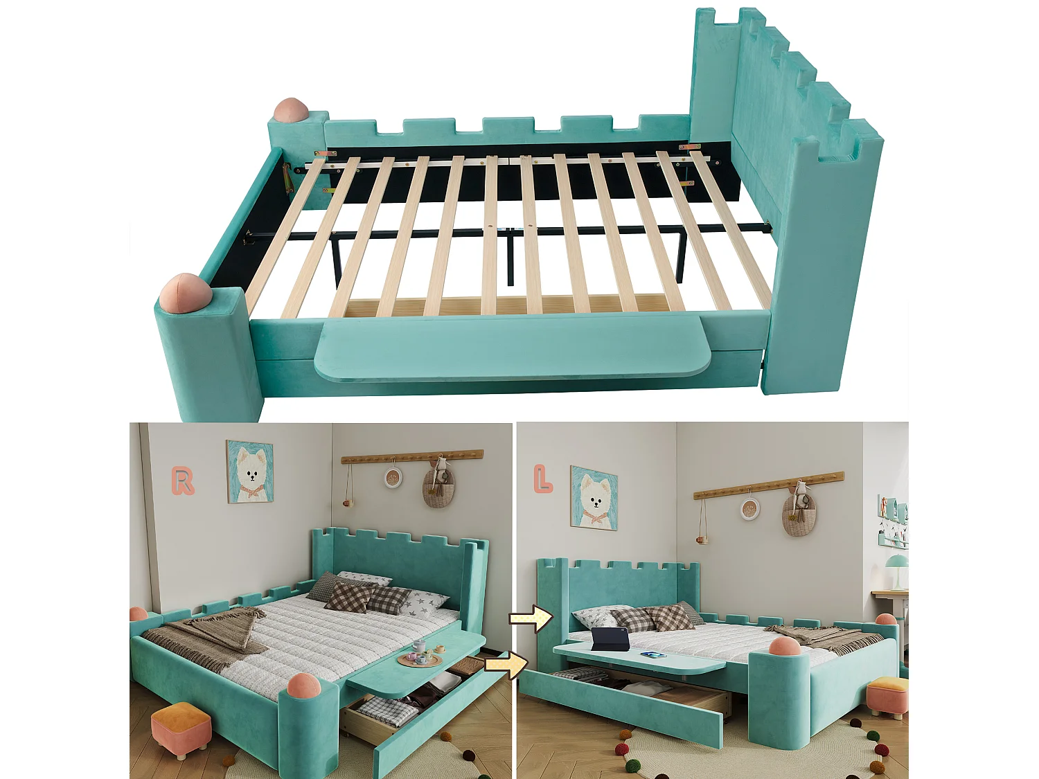 Lit capitonné 140 x 200 cm avec 1 tiroir de rangement et étagère latérale pliable – Velours français – Bleu canard (Sans matelas)